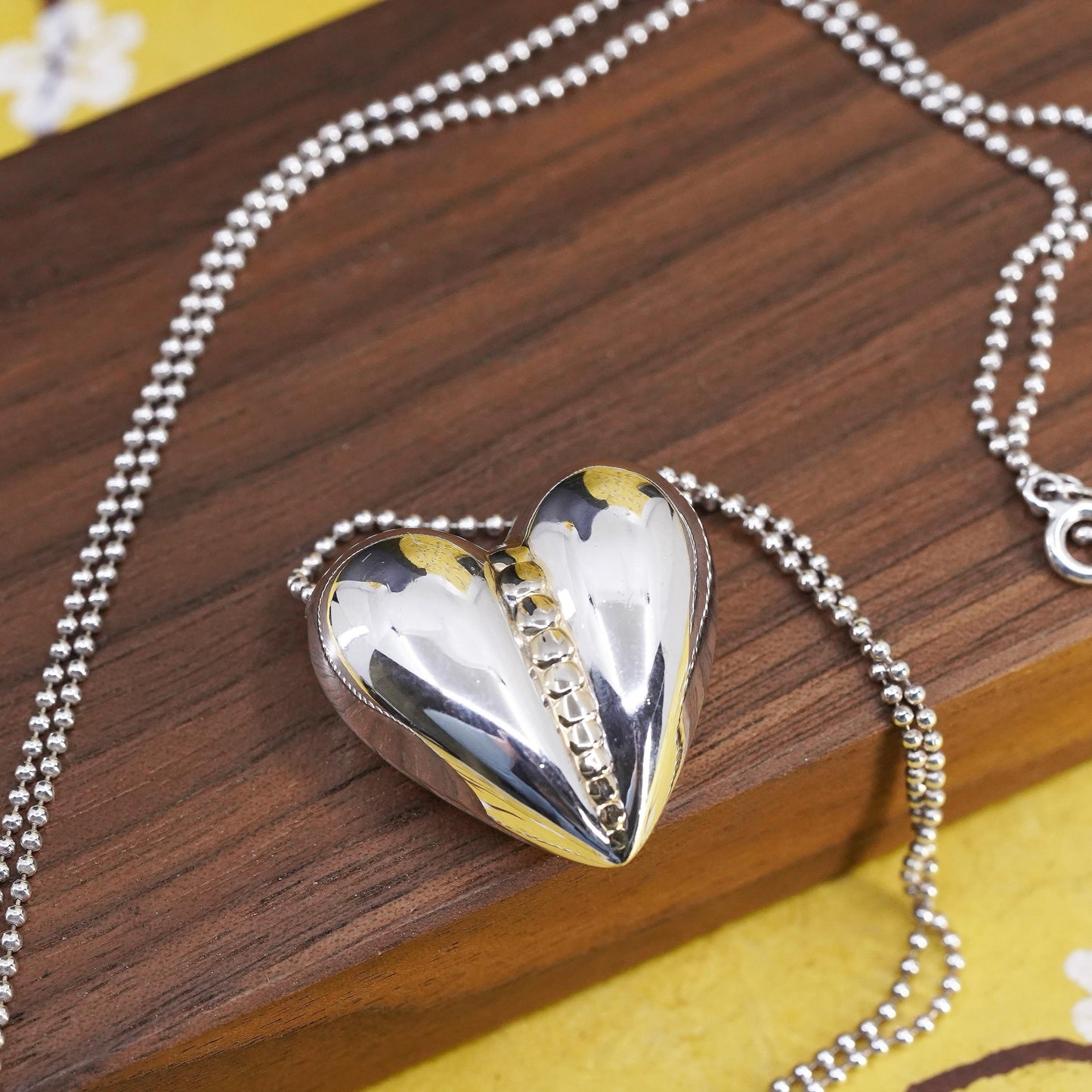 30", Italian Sterling silver necklace, extra long 925 bead puffy heart pendant