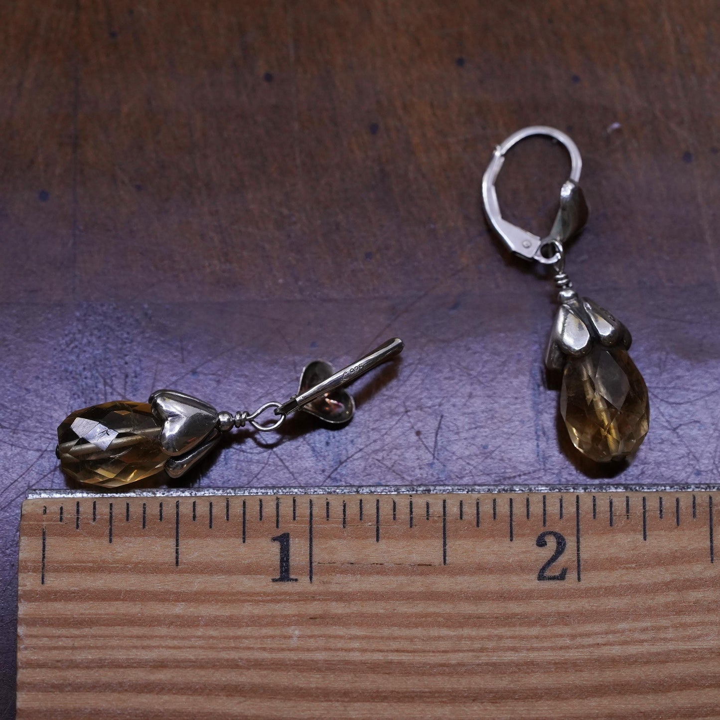 Vintage designer sterling 925 silver handmade heart earrings teardrop citrine