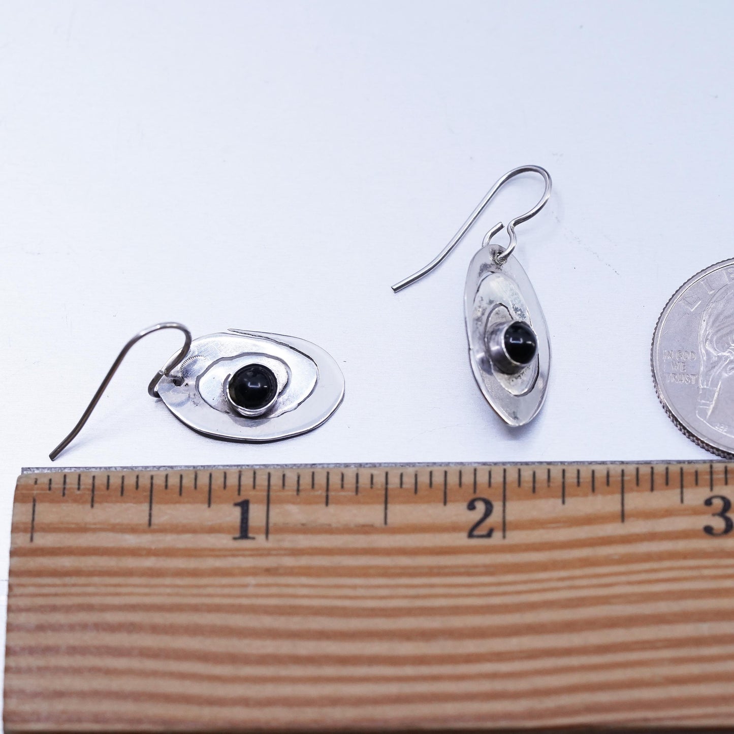 Vintage Sterling 925 silver handmade spiral cut earrings with black onyx