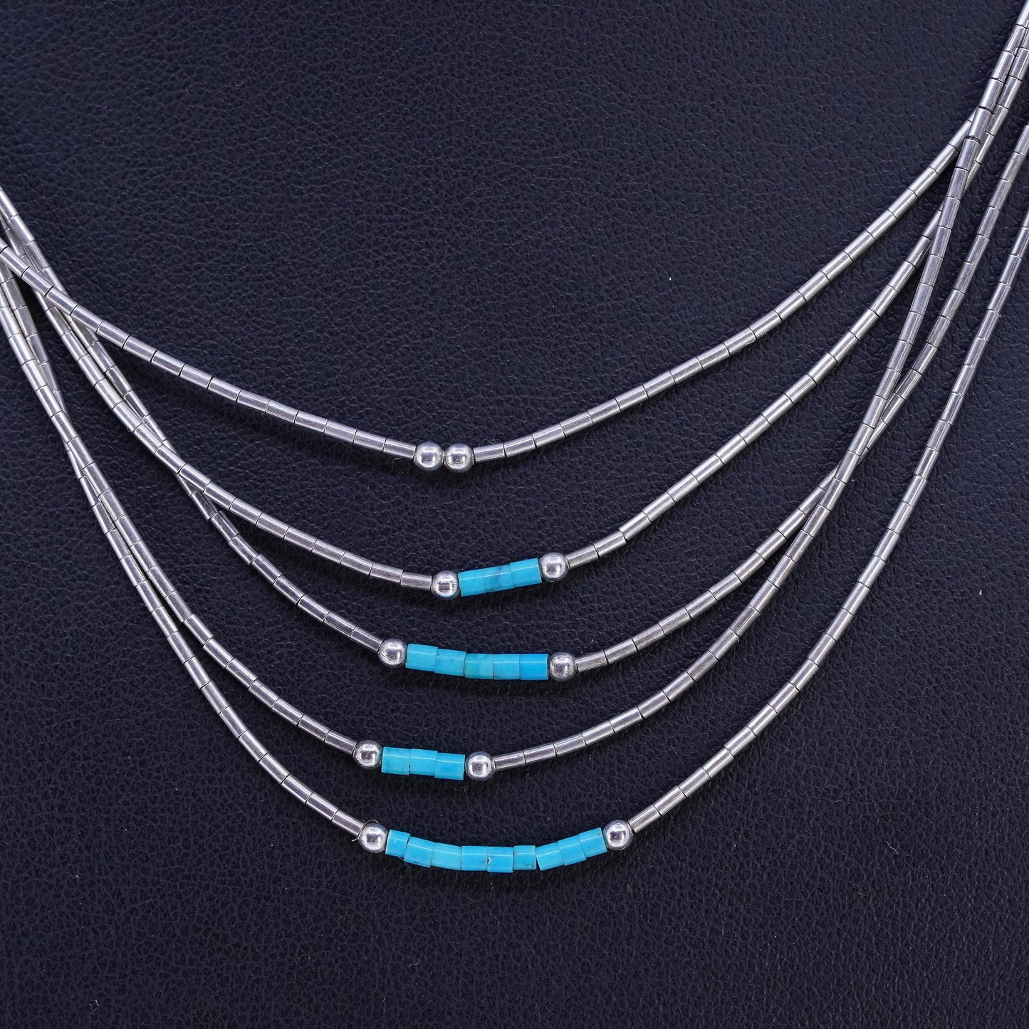 16" Native American Sterling 925 multi strands liquid silver necklace turquoise