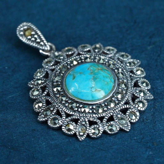 Vintage Sterling 925 silver handmade circle pendant with turquoise marcasite