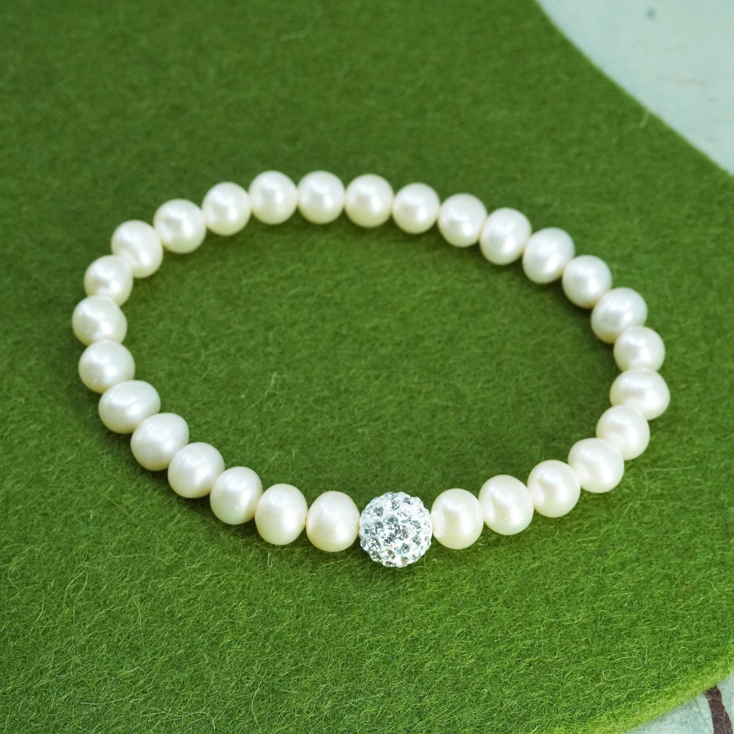 6.25”, Vintage handmade bracelet, freshwater pearl with elastic band