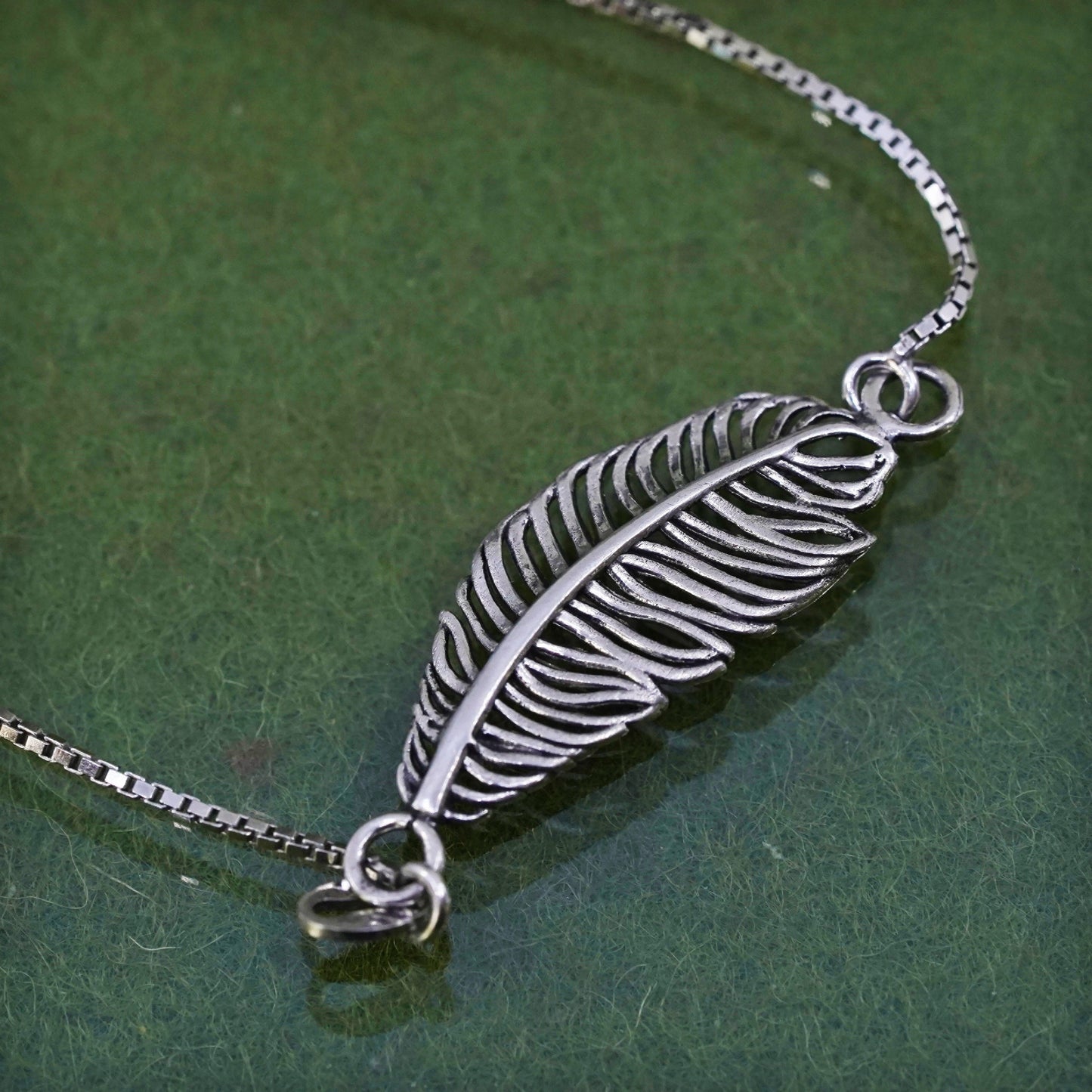 Size adjustable, sterling silver box chain, 925 bracelet with feather charm
