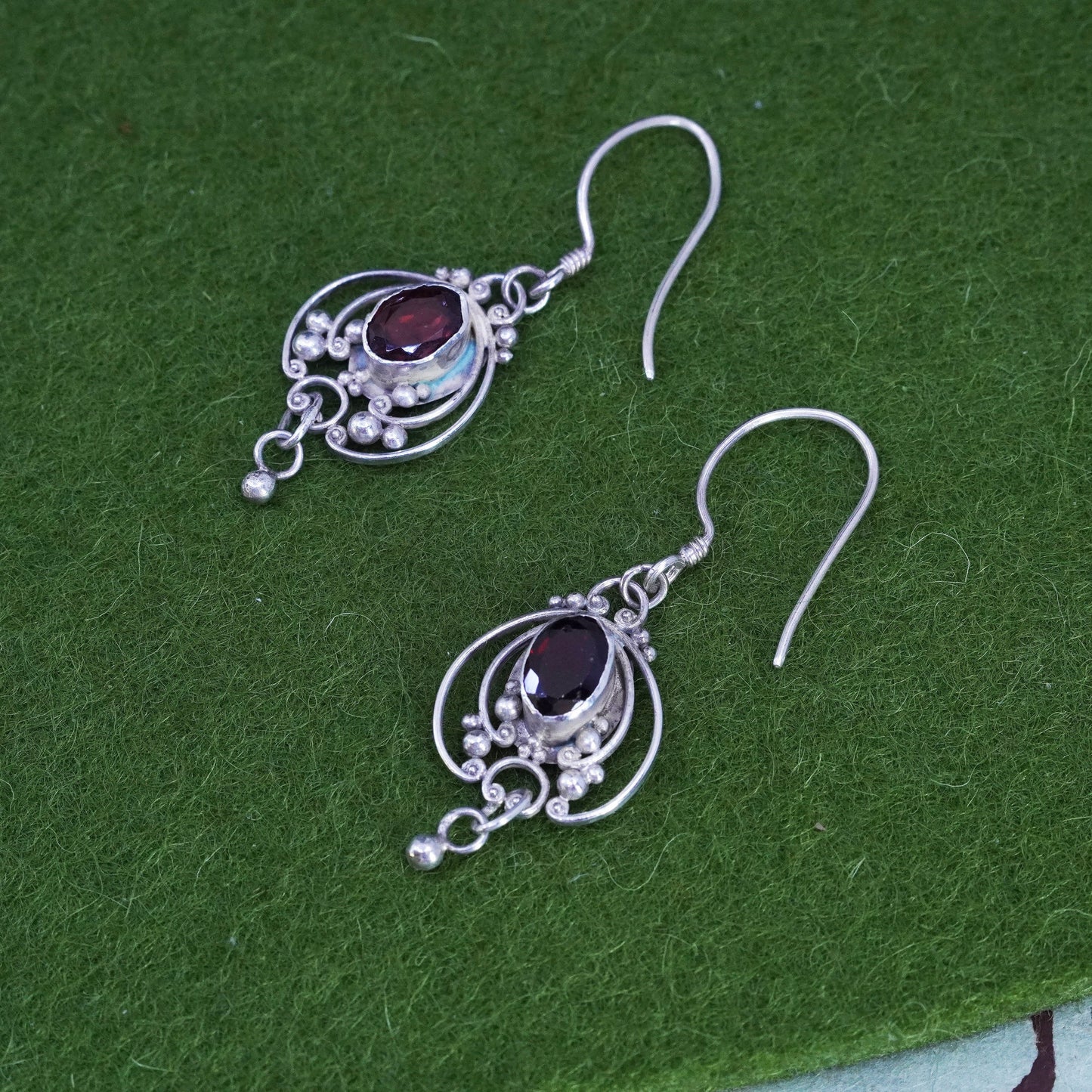 Vintage sterling 925 silver handmade earrings with ruby and bead dangles