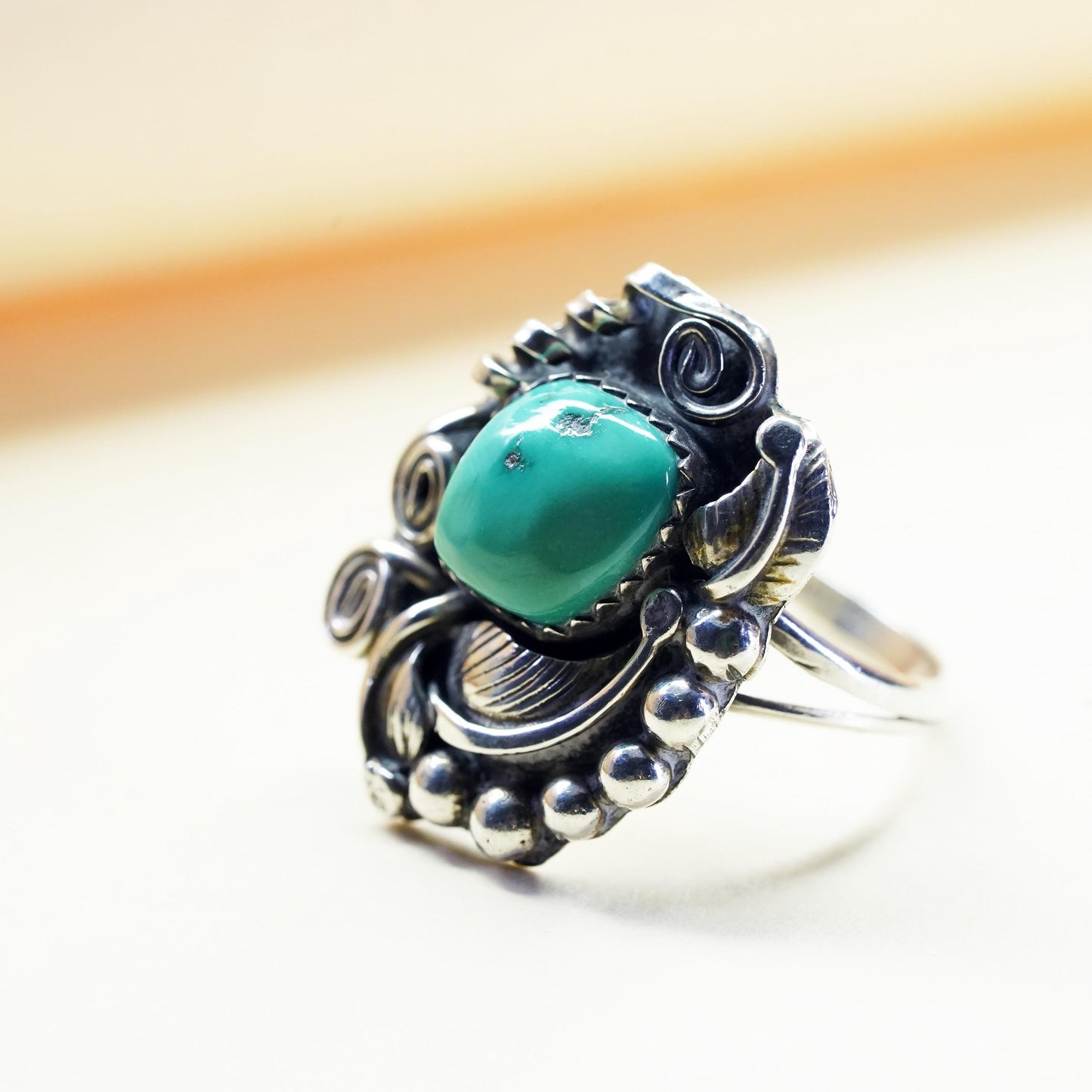 Size 8, Native American Les Hill sterling 925 silver ring turquoise feather