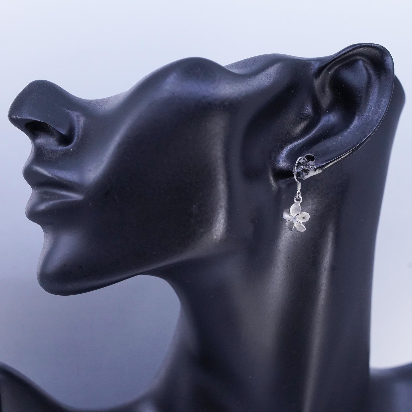 Vintage Sterling 925 silver handmade earrings, plumeria flower dangles with cz