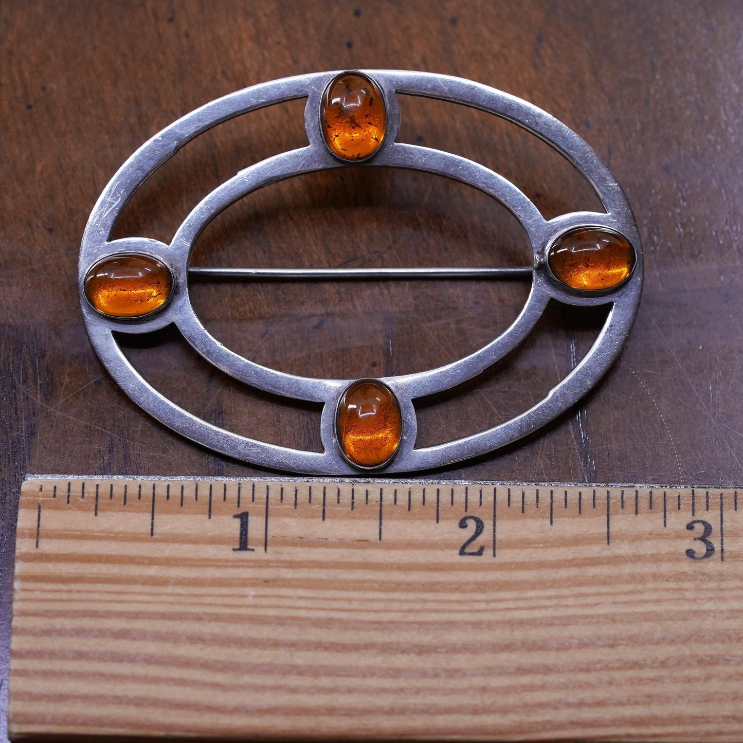 Vintage handmade sterling silver brooch, 925 silver oval with amber details