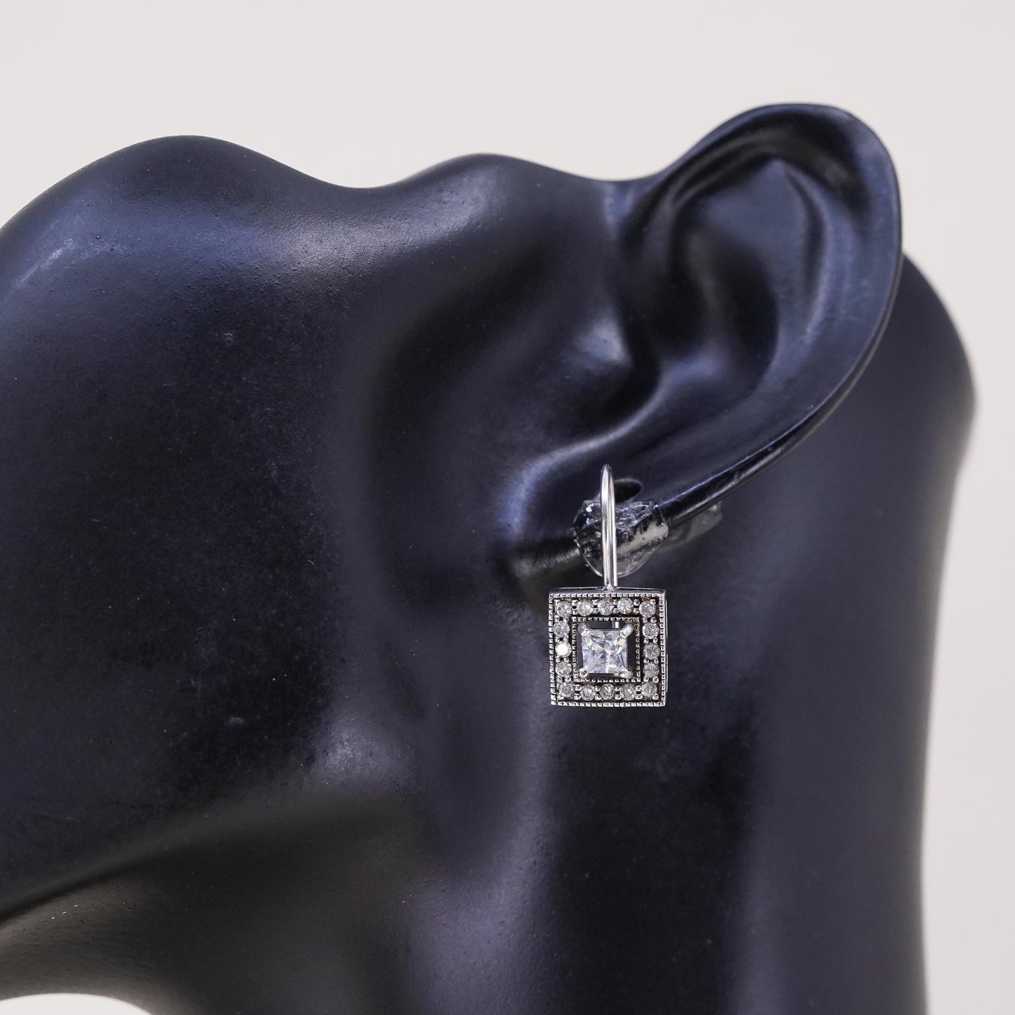 Vintage sterling silver single earring, 925 silver square dangle with clear Cz