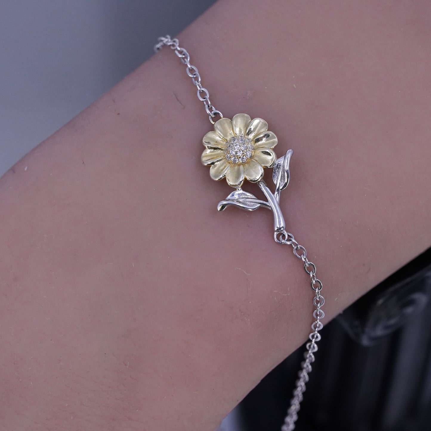 7+2" two tone Sterling Silver Bracelet anklet, 925 Circle chain sunflower charm