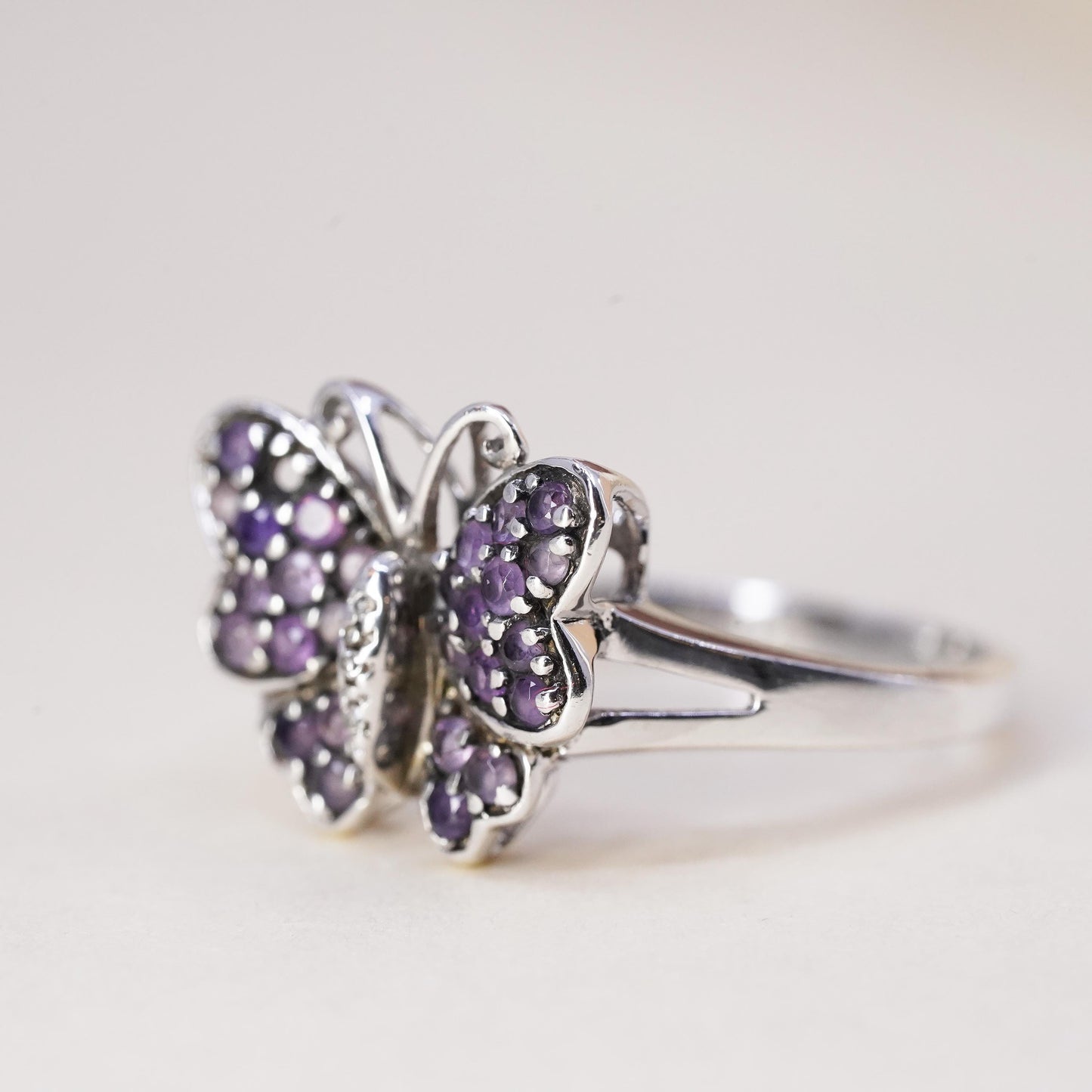 Size 9.5, Vintage Sterling 925 silver handmade butterfly ring cluster amethyst