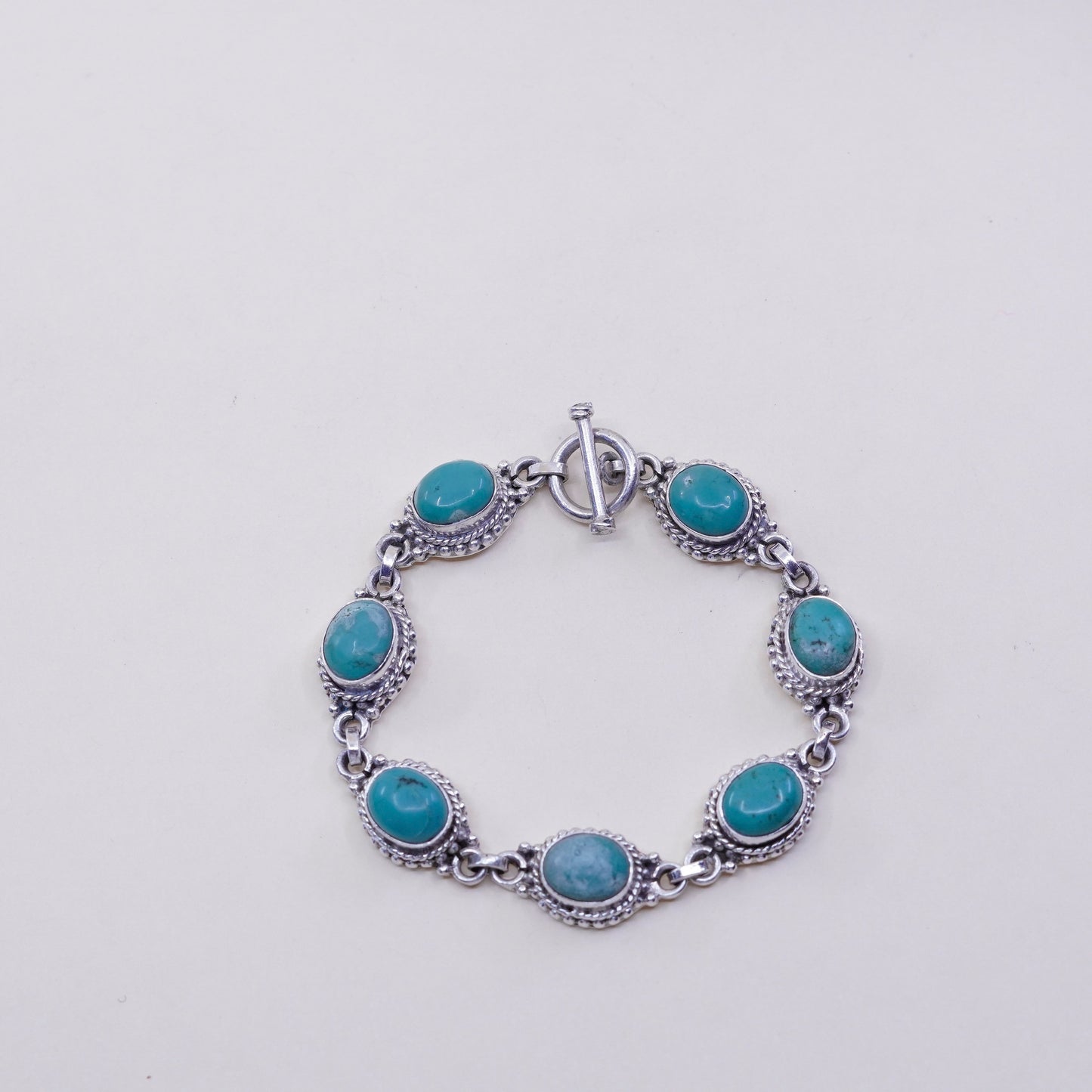 6.5”, vtg Mexico Sterling 925 silver handmade bracelet with turquoise and beads