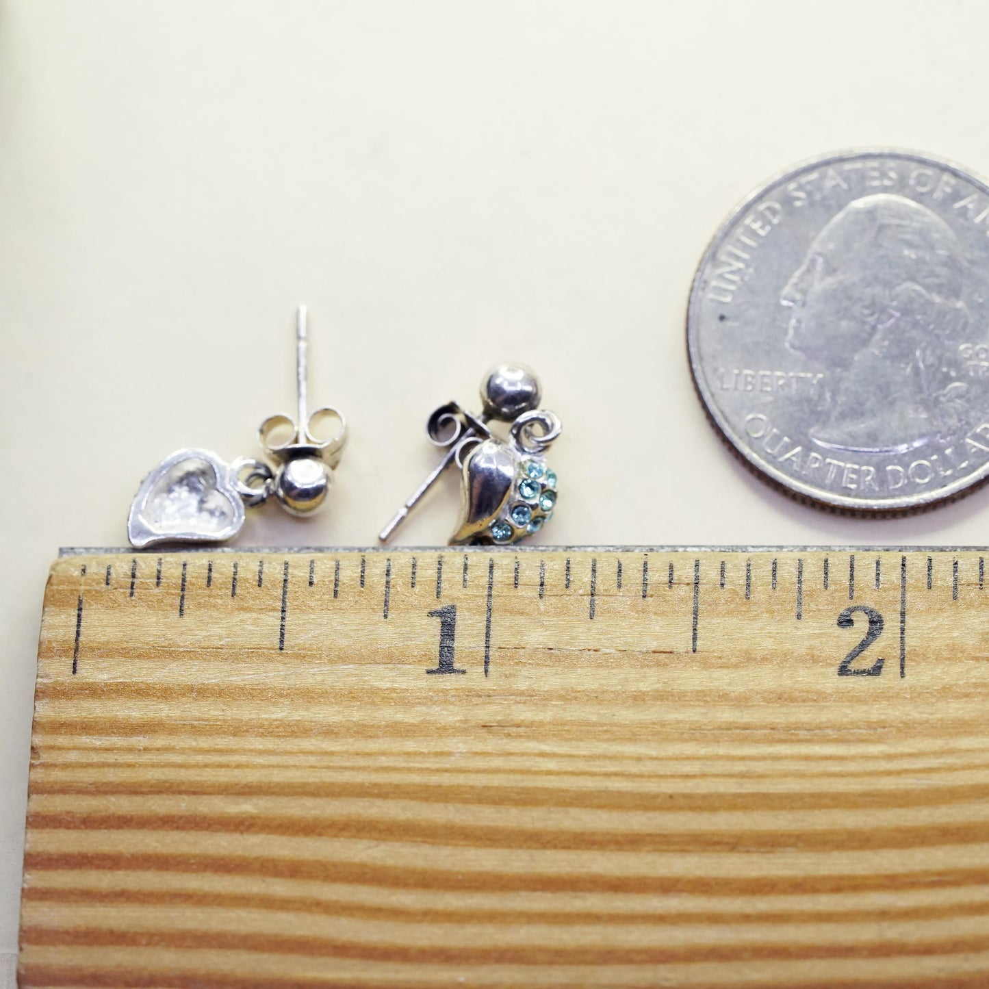 Vintage sterling 925 silver handmade earrings with heart dangles and green cz