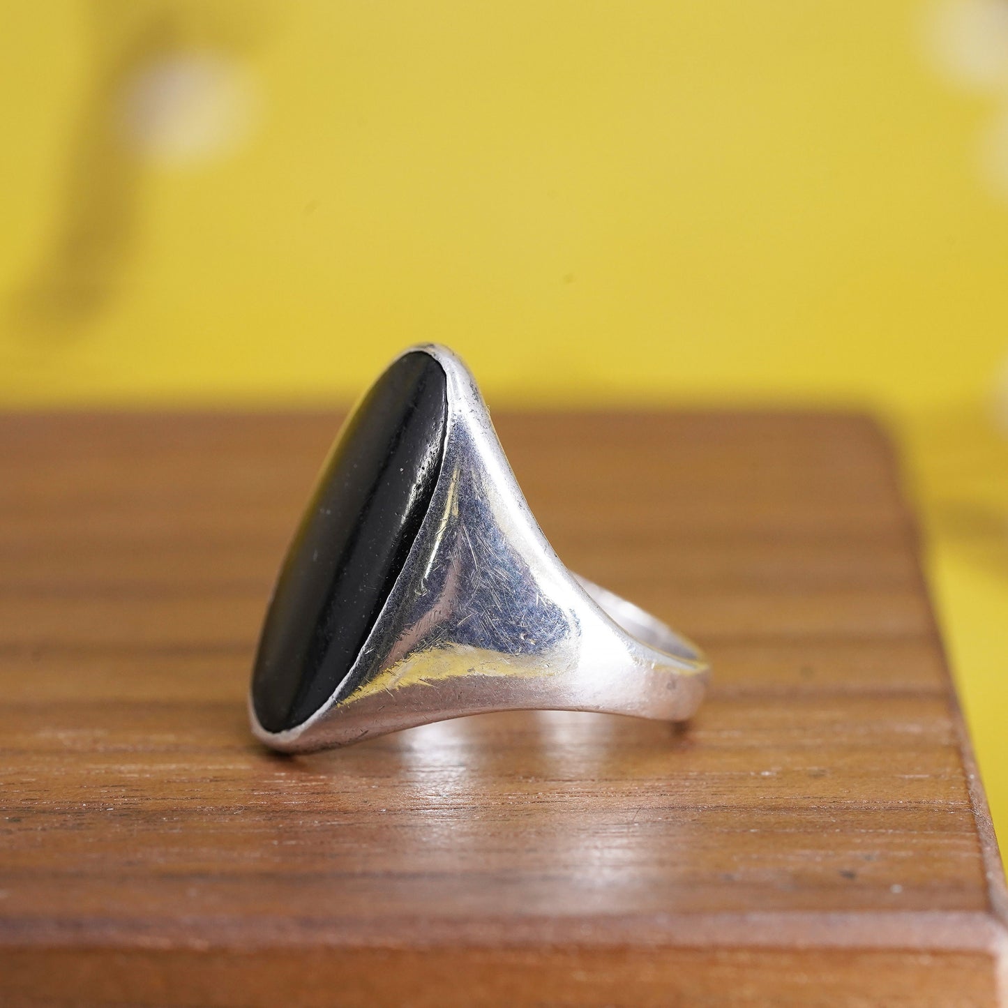Size 4, modern southwestern Sterling 925 silver handmade ring with oval onyx