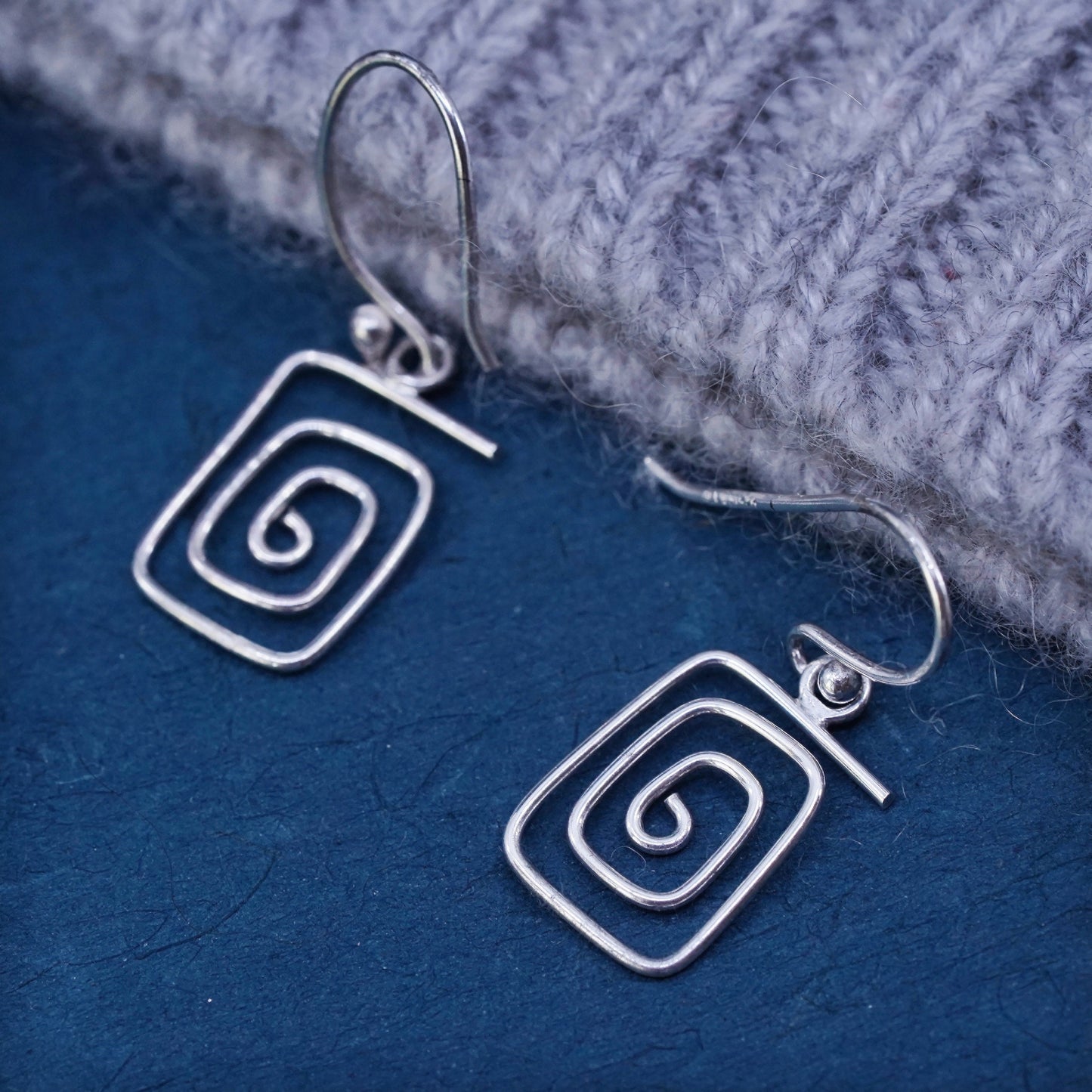 Vintage sterling silver handmade earrings, 925 silver sprial drops