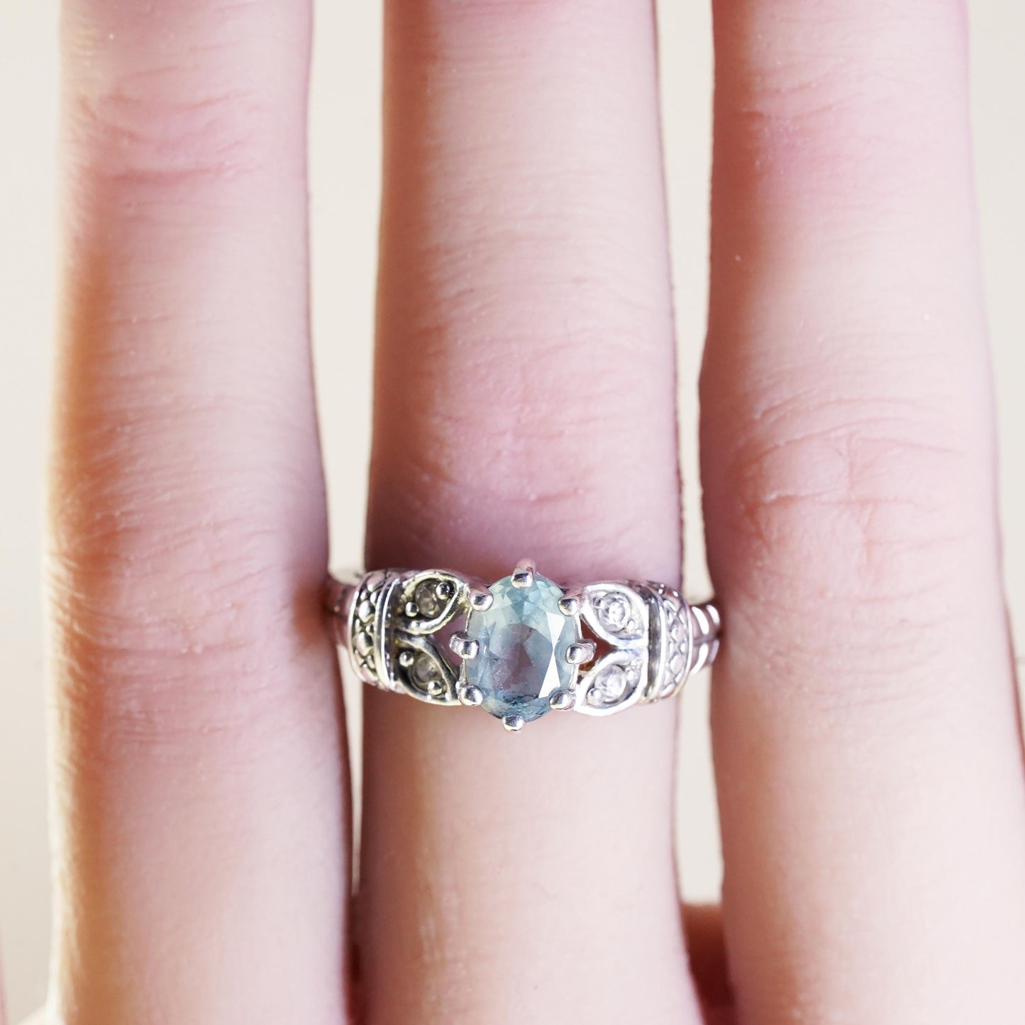 Size 7, vintage sterling silver handmade ring, 925 with blue topaz and cz