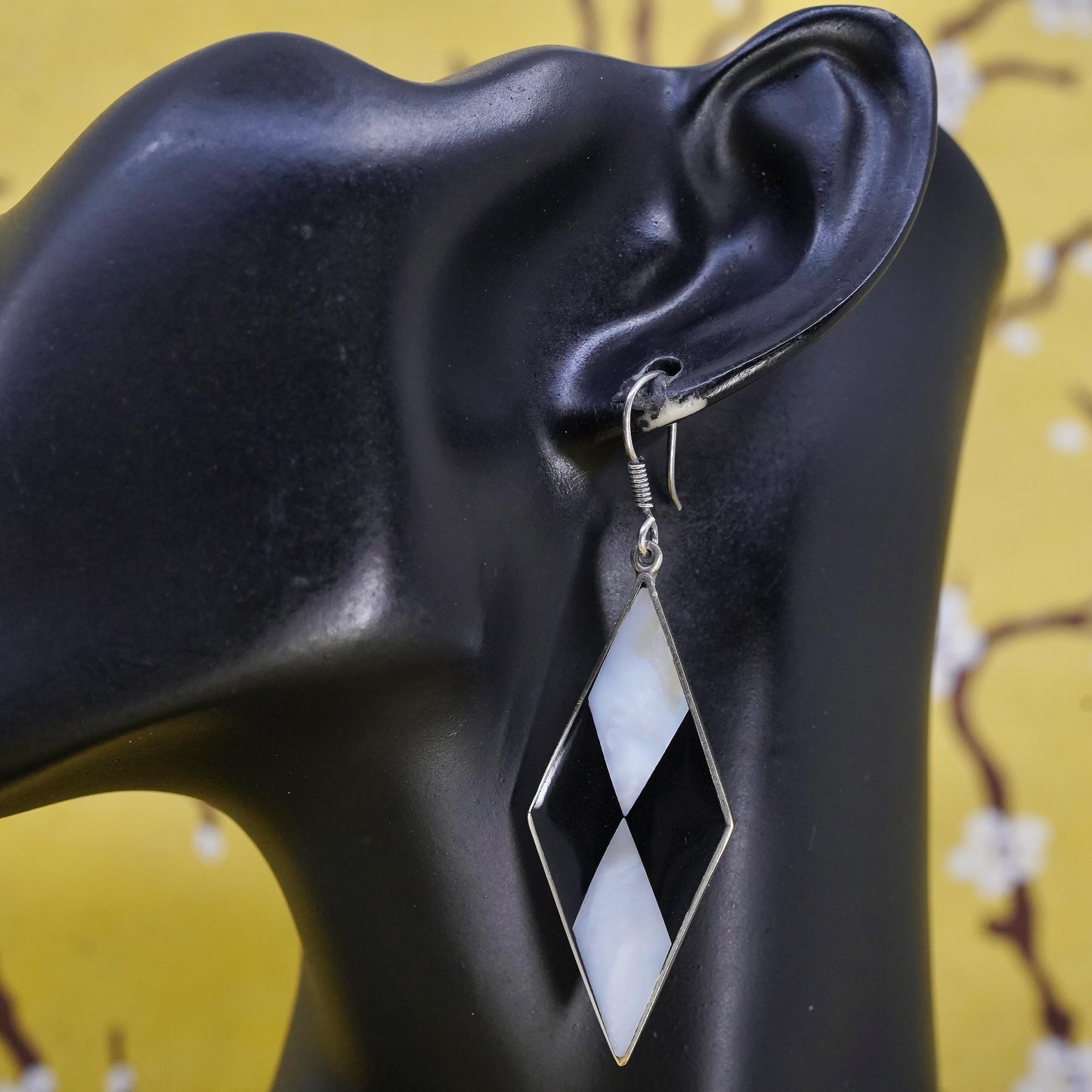 Vintage alpaca silver handmade earrings, diamond mother of pearl inlay dangles