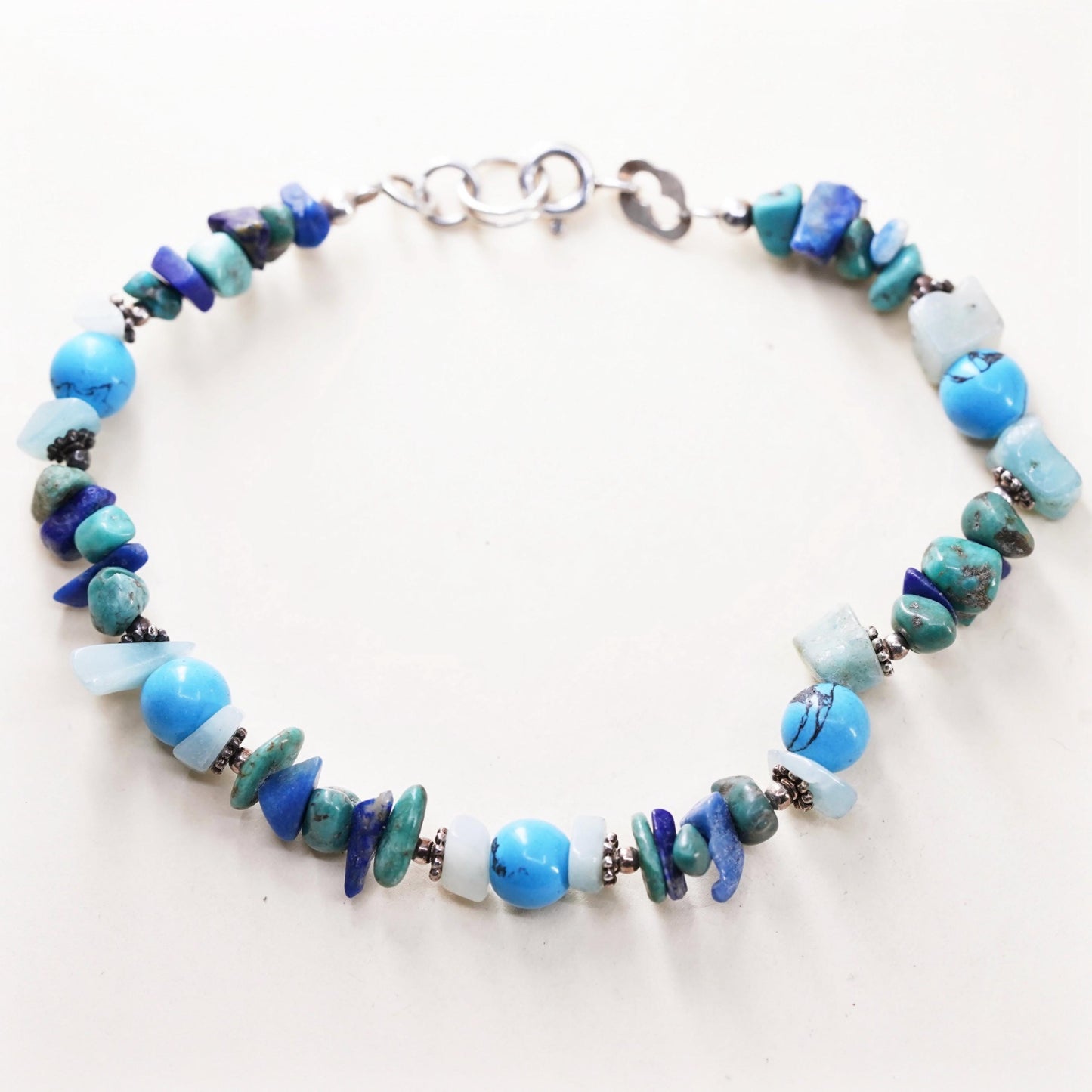 7”, southwestern Sterling 925 silver bracelet turquoise jade lapis lazuli beads