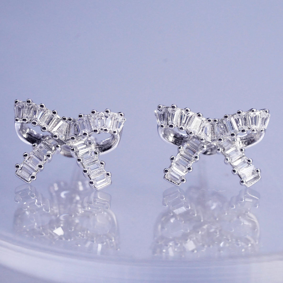 Vintage Sterling 925 silver handmade earrings, ribbon bow tie studs cluster Cz