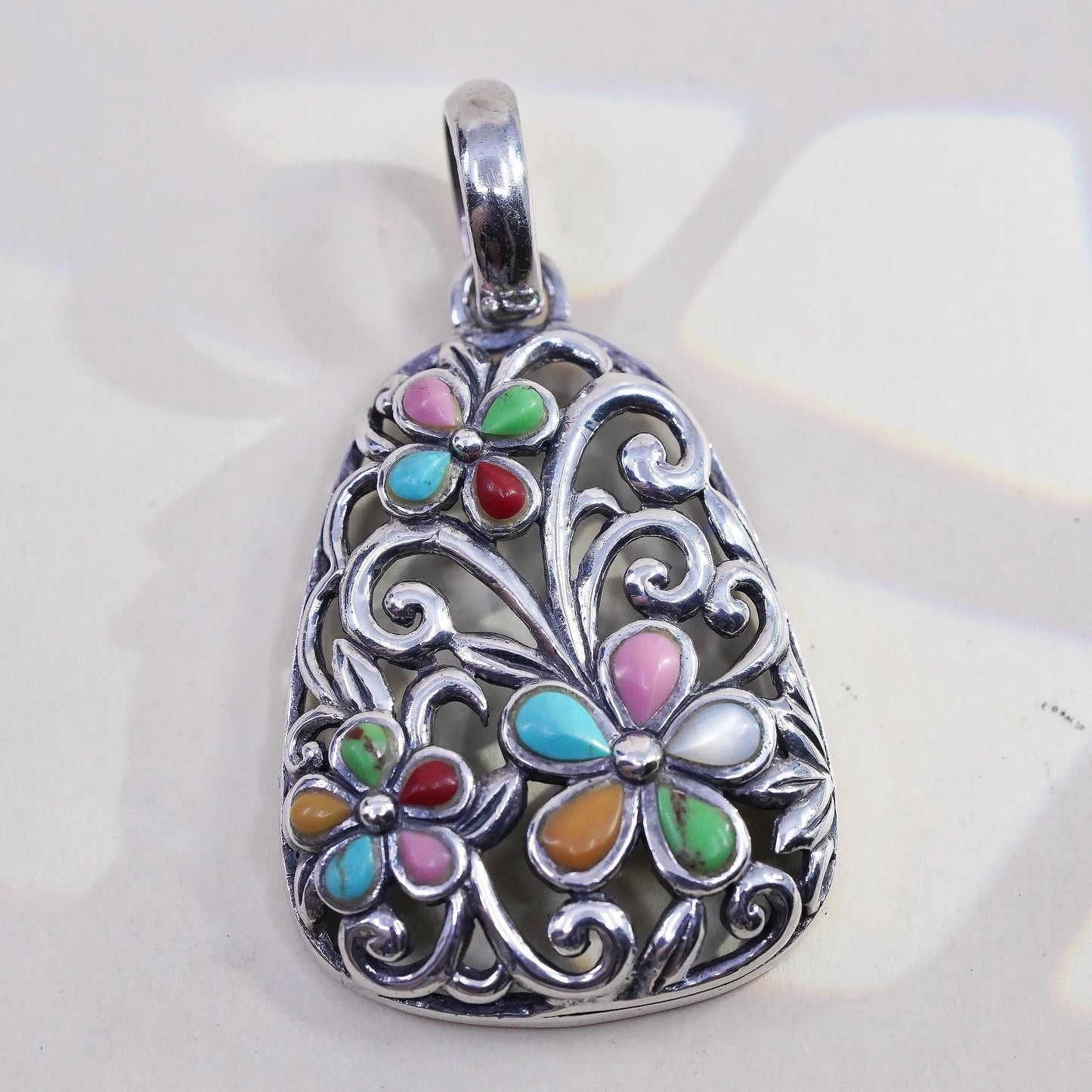 southwestern sterling silver 925 filigree flower pendant turquoise MOP
