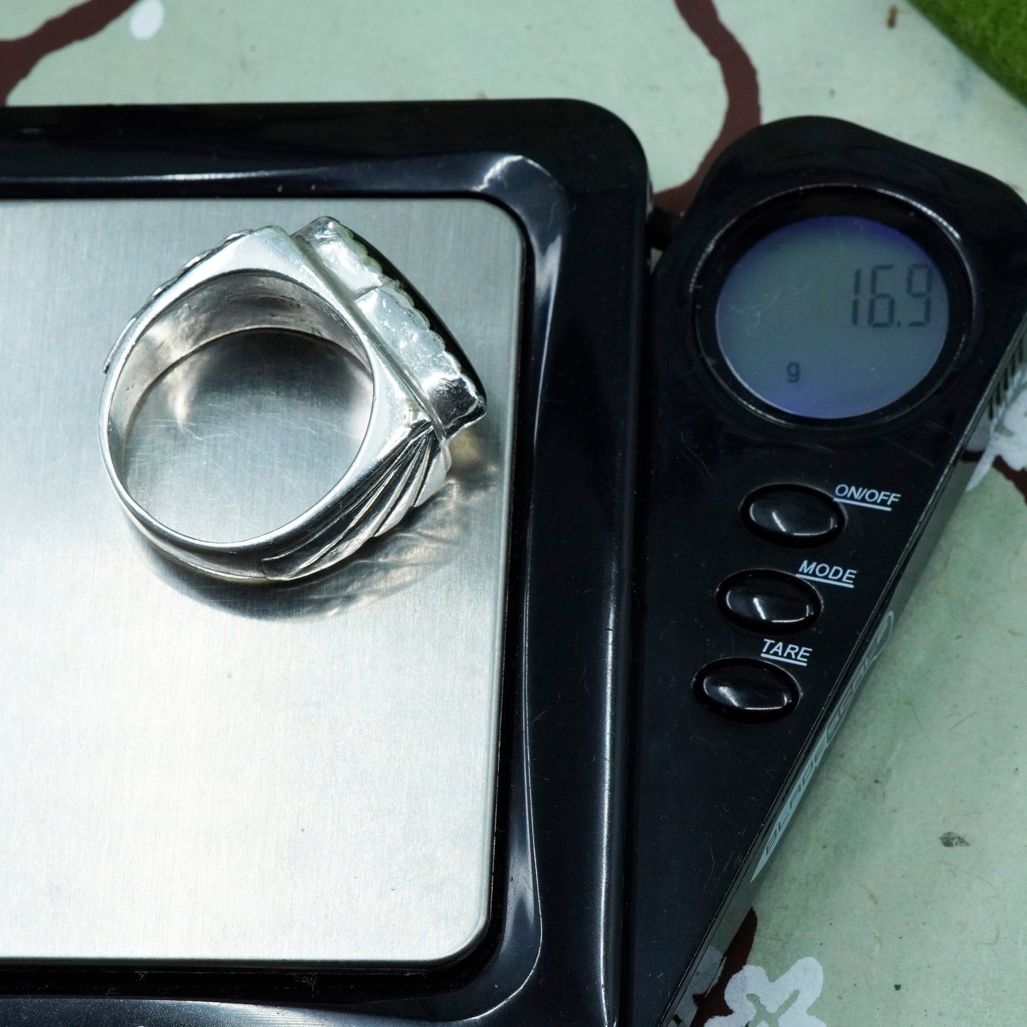 Size 13, Native American sterling silver ring, 925 band with onyx, Southwestern