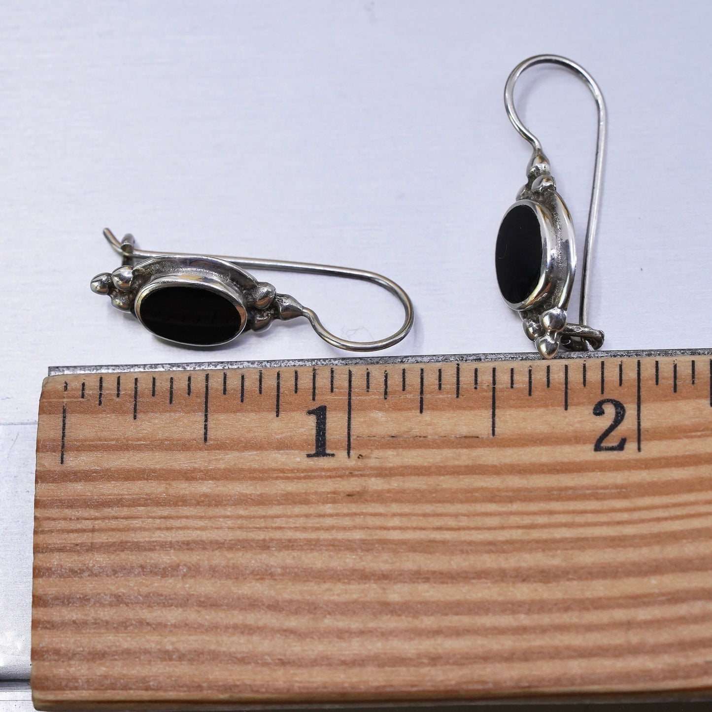 Vintage Sterling 925 silver handmade earrings with oval onyx and beads