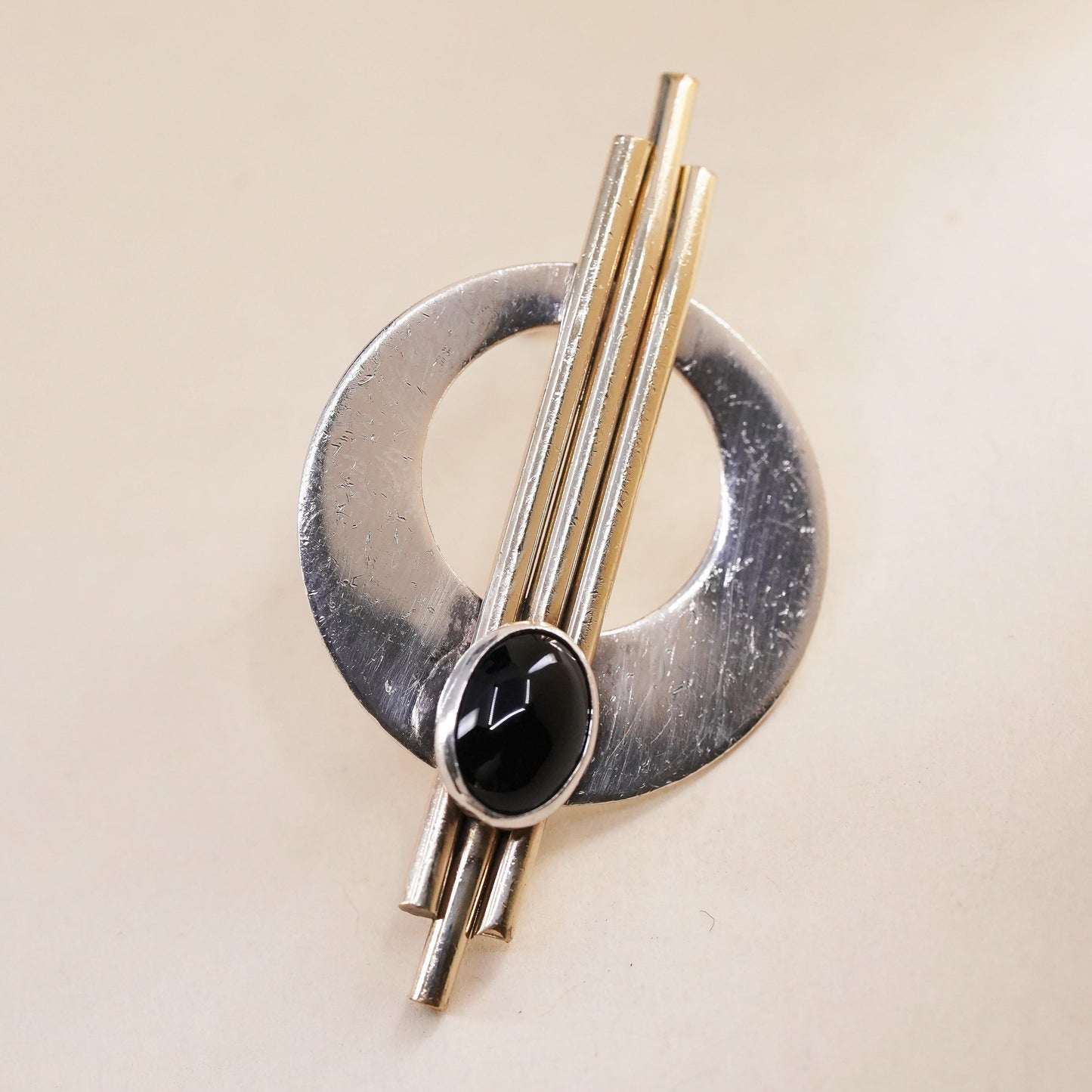 PJP gold filled two tone sterling silver single earring, modern 925 disc onyx