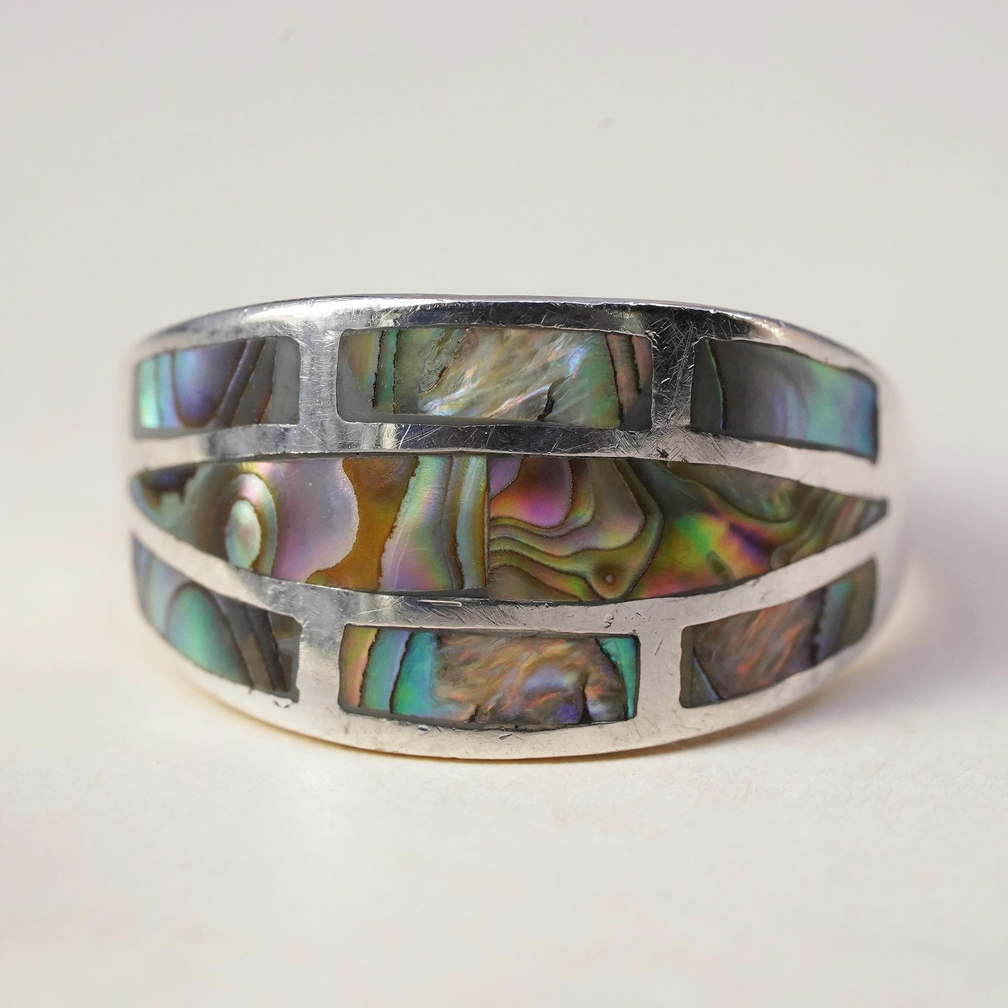 Size 8, Vintage sterling silver handmade ring, 925 band with abalone inlay