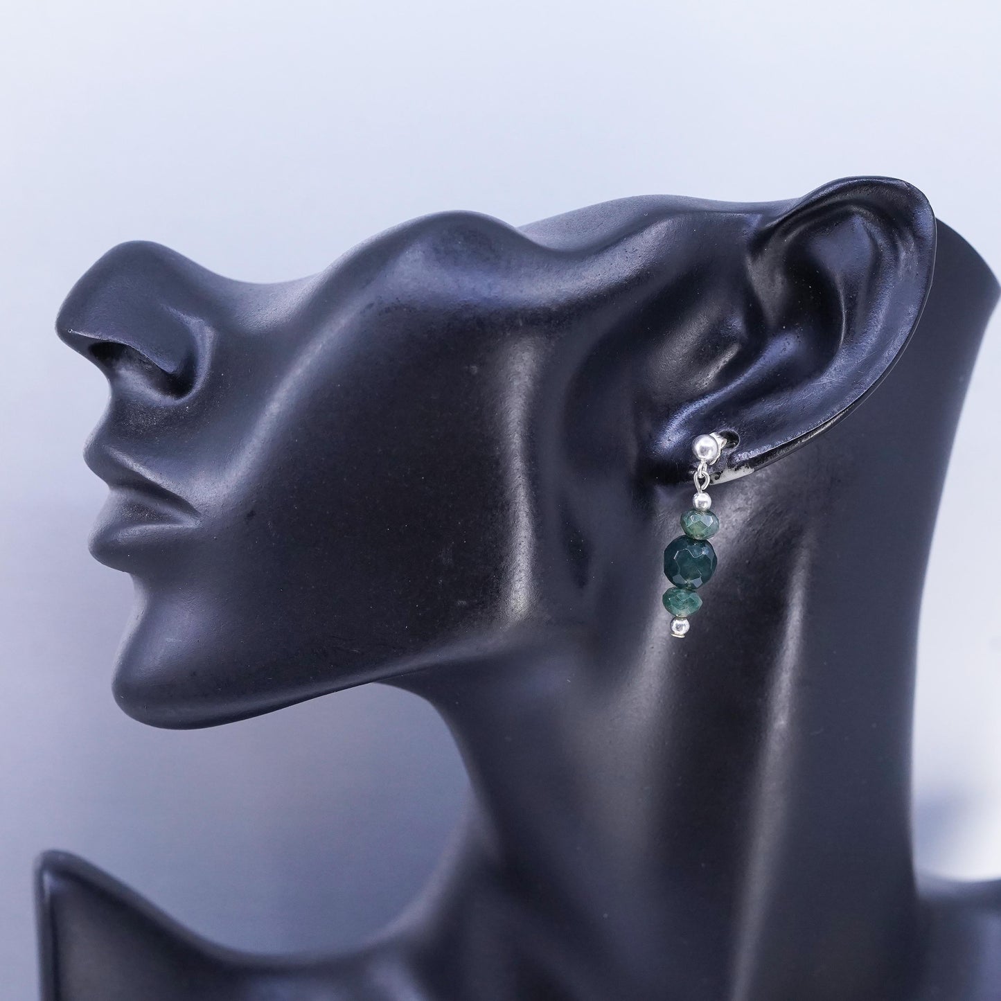 Vinatge sterling silver handmade earrings, 925 studs with moss agate beads