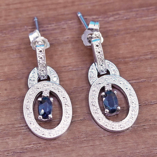 Vintage Sterling silver earrings, 925 oval drops with sapphire and diamond