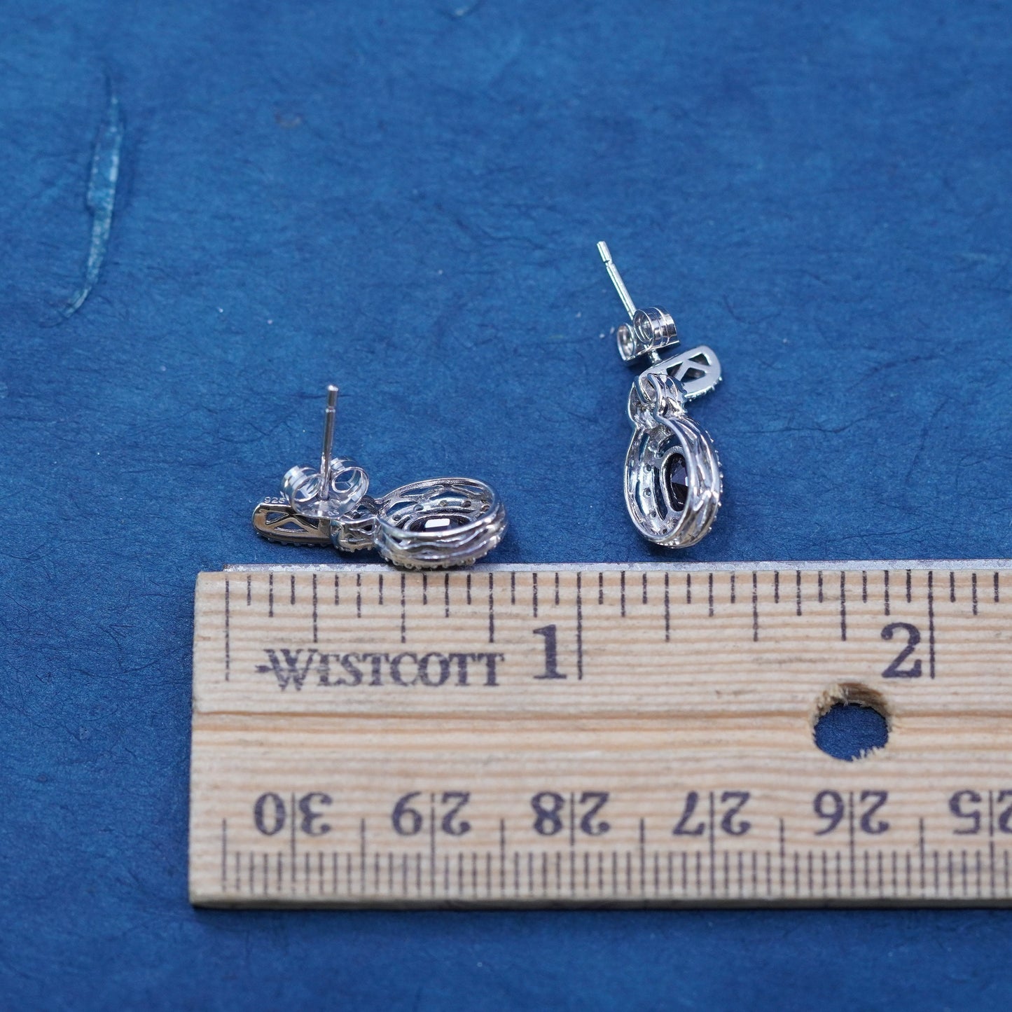 Vintage Sterling silver earrings, 925 oval drops with sapphire and diamond