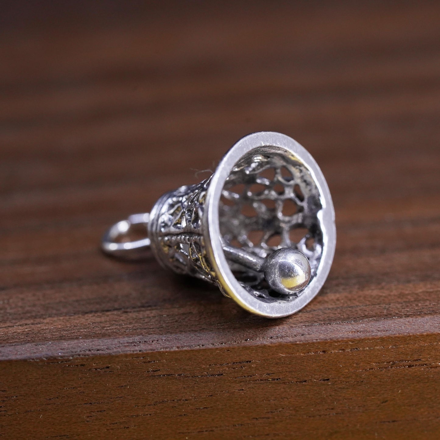 Vintage Sterling silver handmade charm, l925 filigree bell chime