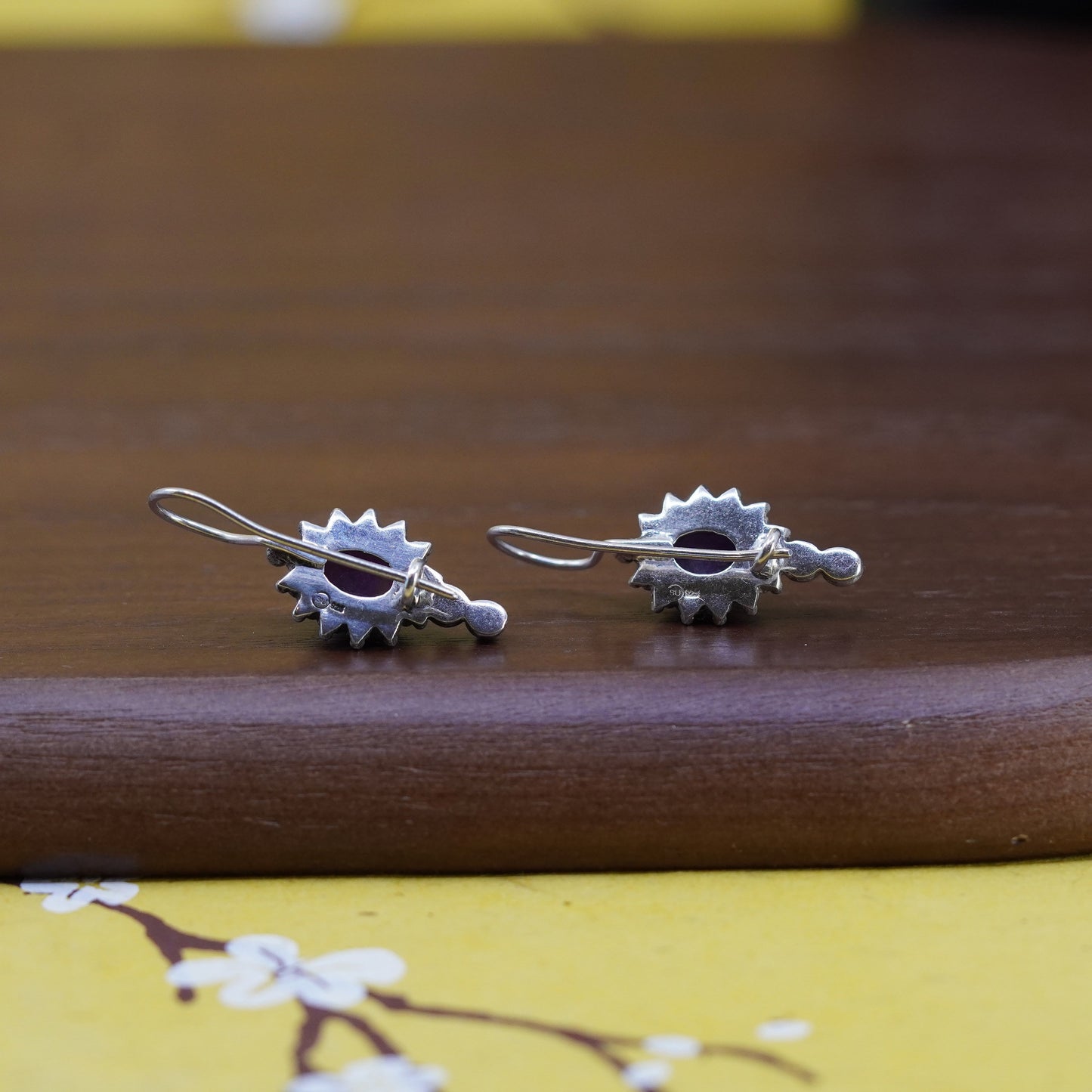 Vintage Sterling silver handmade earrings, 925 dangles with oval amethyst