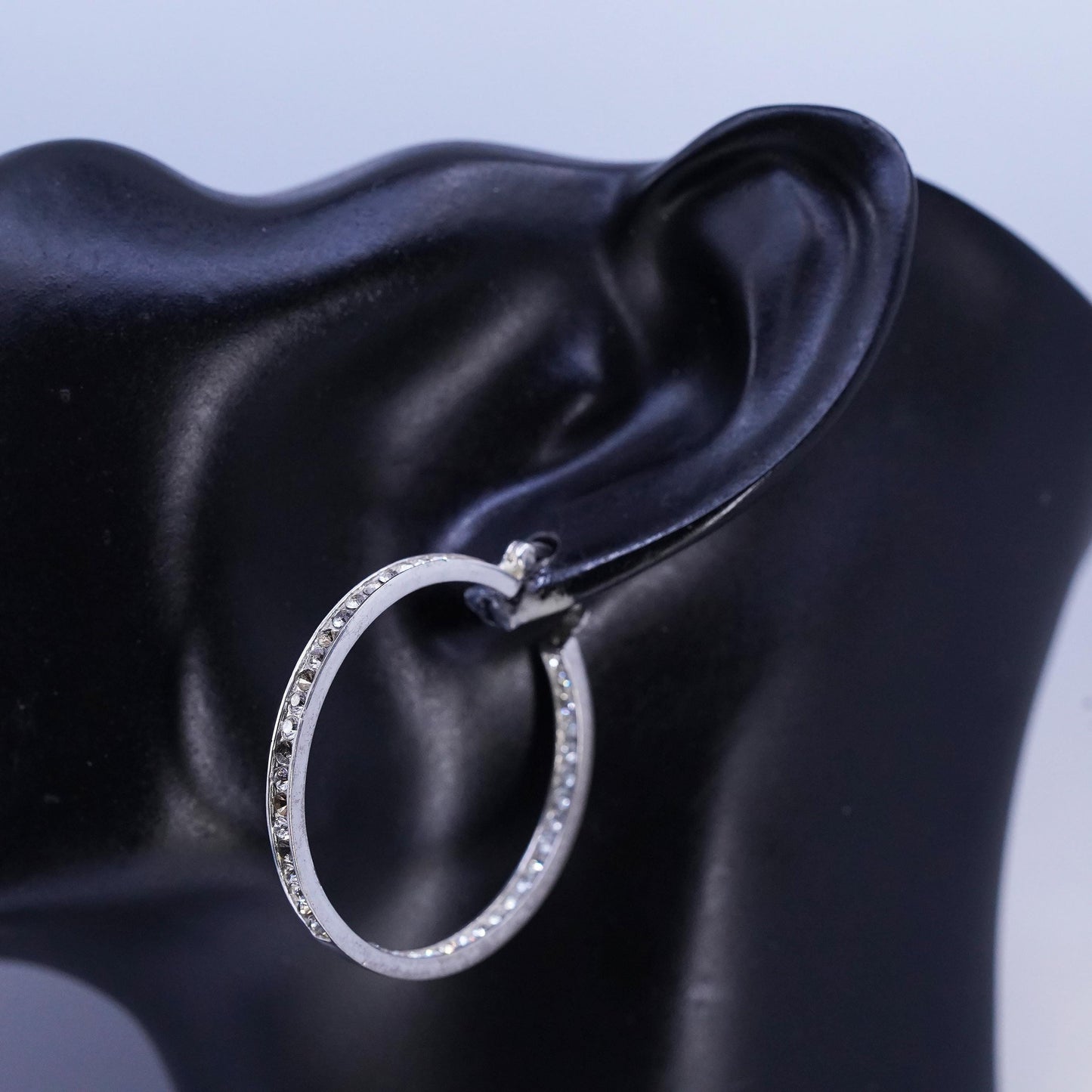1.5", MISSING CZ vintage Sterling silver earrings, 925 hoops with cluster cz