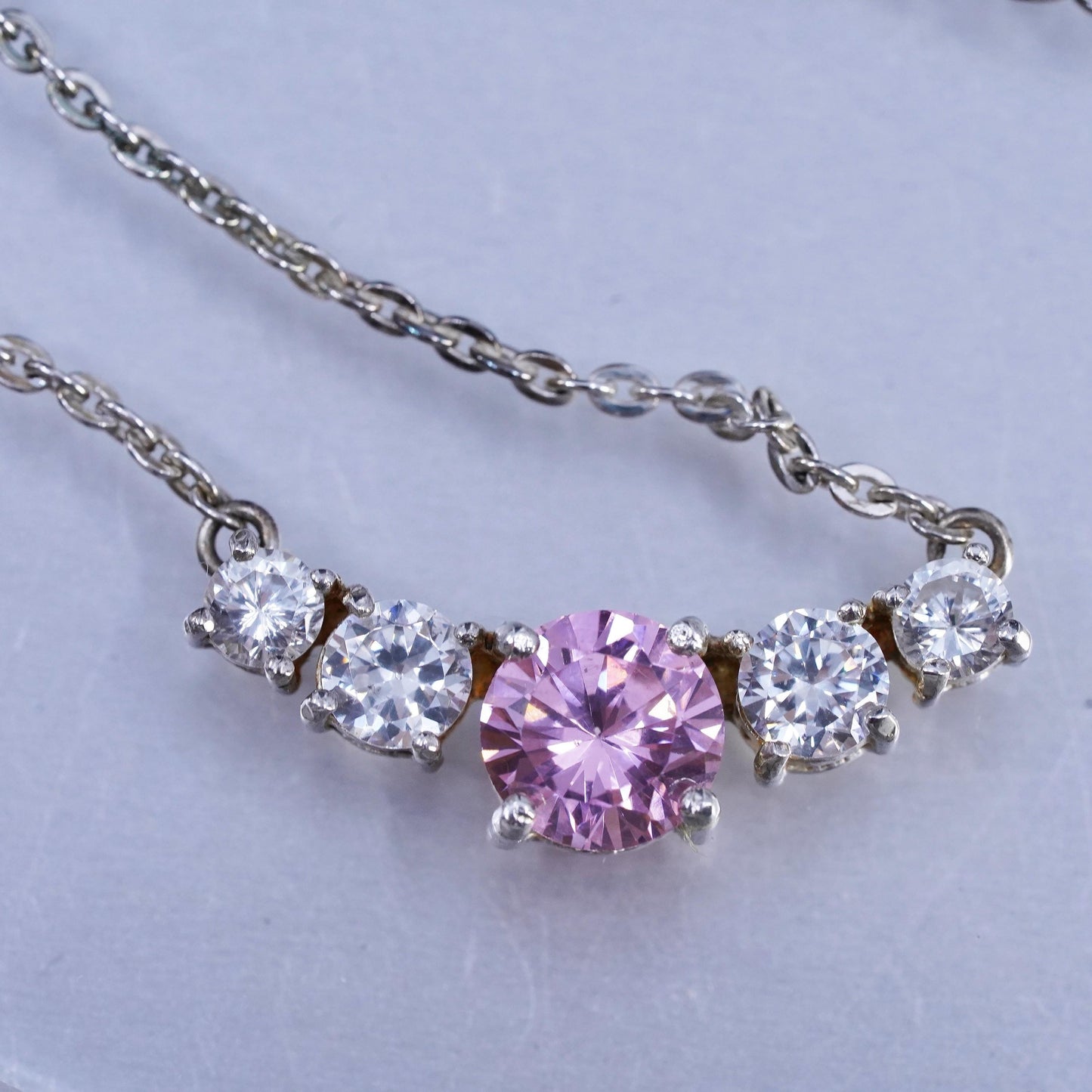 18+3", Vintage sterling 925 silver necklace, rope chain w/ pink crystal pendant
