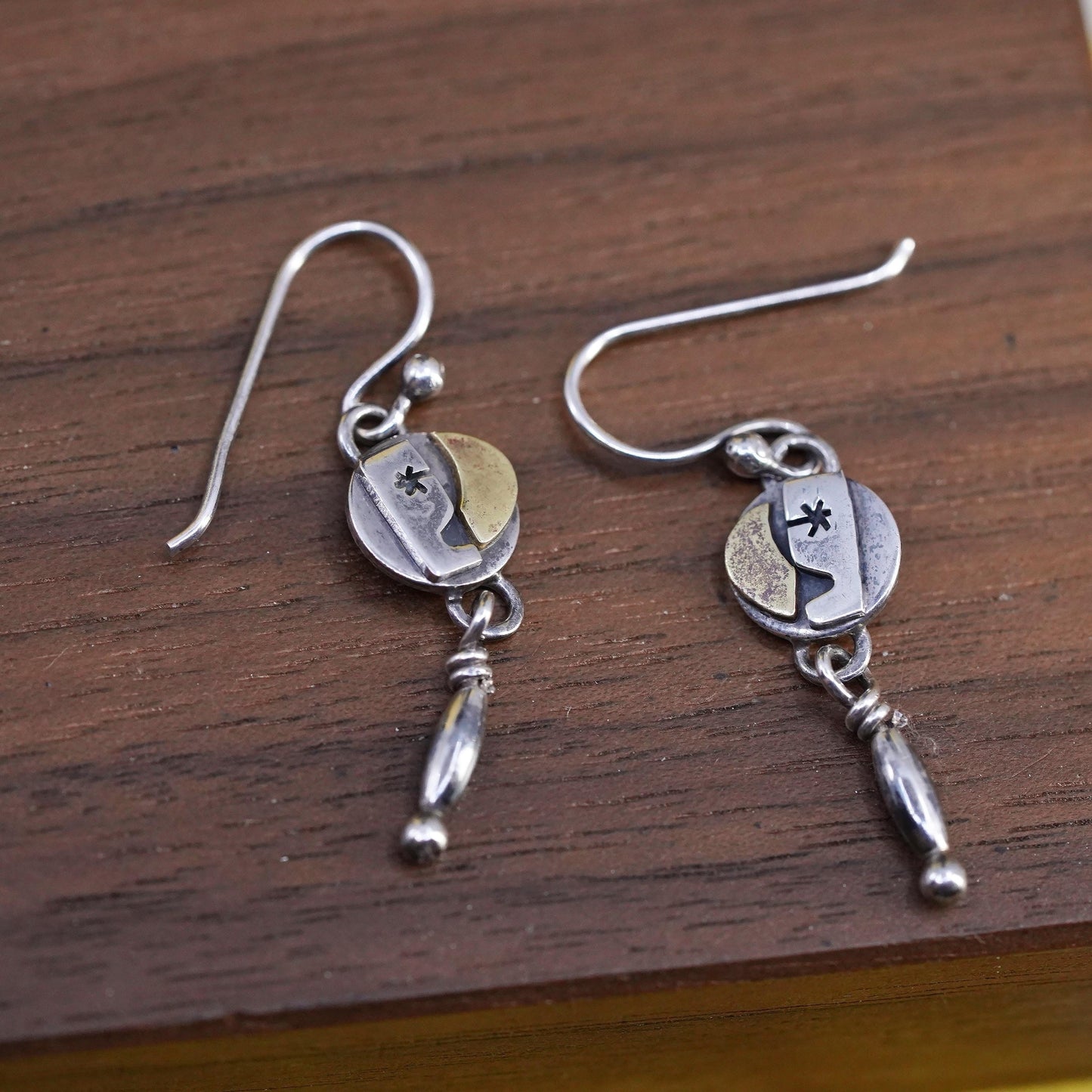 vintage Far Fetched two tone sterling 925 silver tag earrings with copper moon