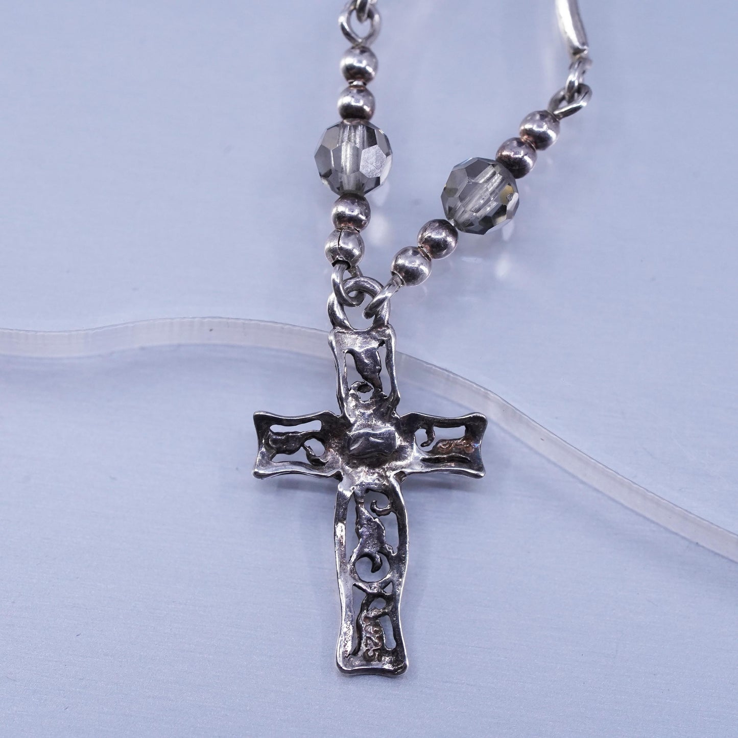 16”, vintage Sterling 925 silver curvy bar necklace with filigree cross pendant