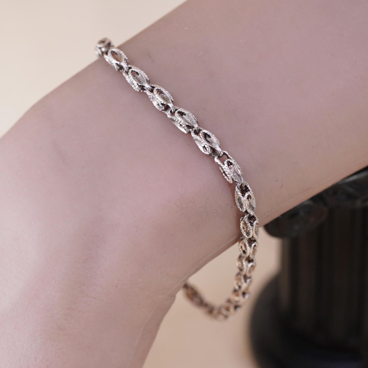 7.75", VTG Sterling 925 Silver Marquise Chain, Textured Organic Leaf Bracelet