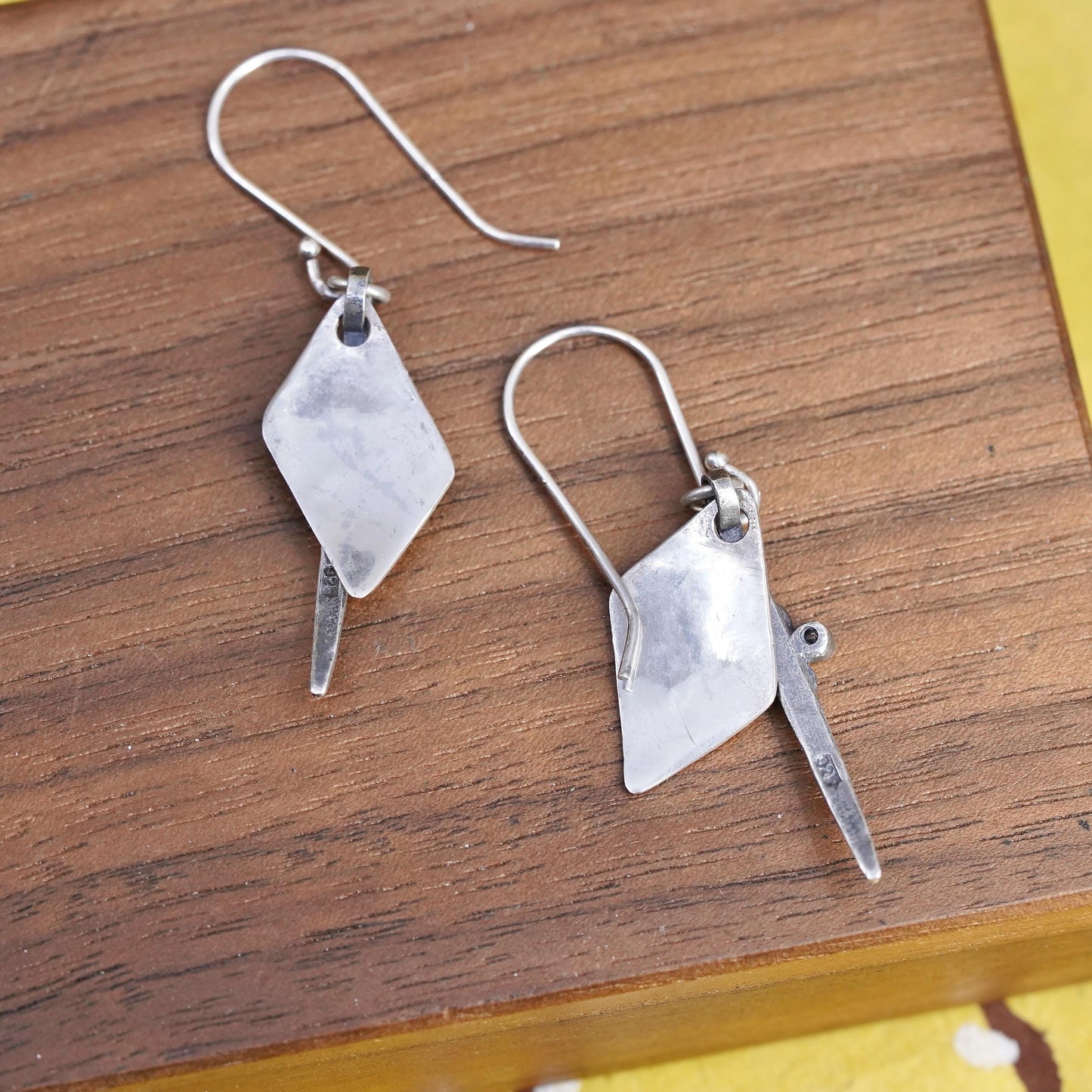 Vintage handmade sterling silver earrings, 925 hammered disc with cz and beads