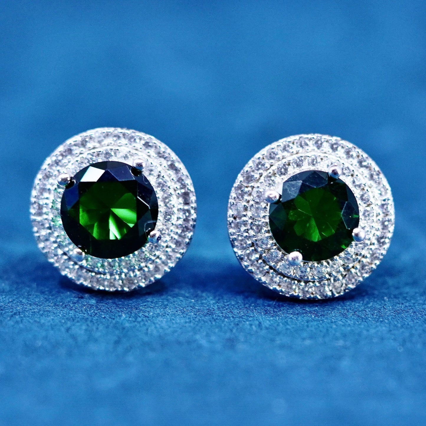 Vintage sterling silver handmade earrings, 925 studs with cluster green crystal
