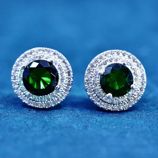 Vintage sterling silver handmade earrings, 925 studs with cluster green crystal