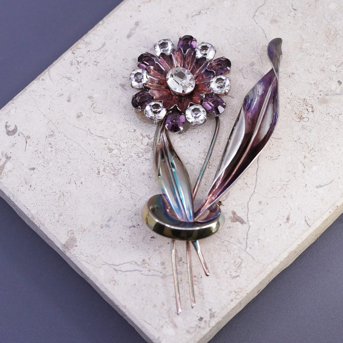 Sterling 925 Silver Crystal Rhinestone Flower Brooch Large Floral Bouquet Pin