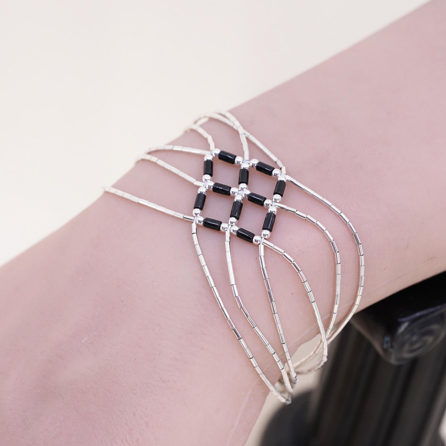 7”, Native American sterling bracelet, woven braided 925 liquid silver onyx