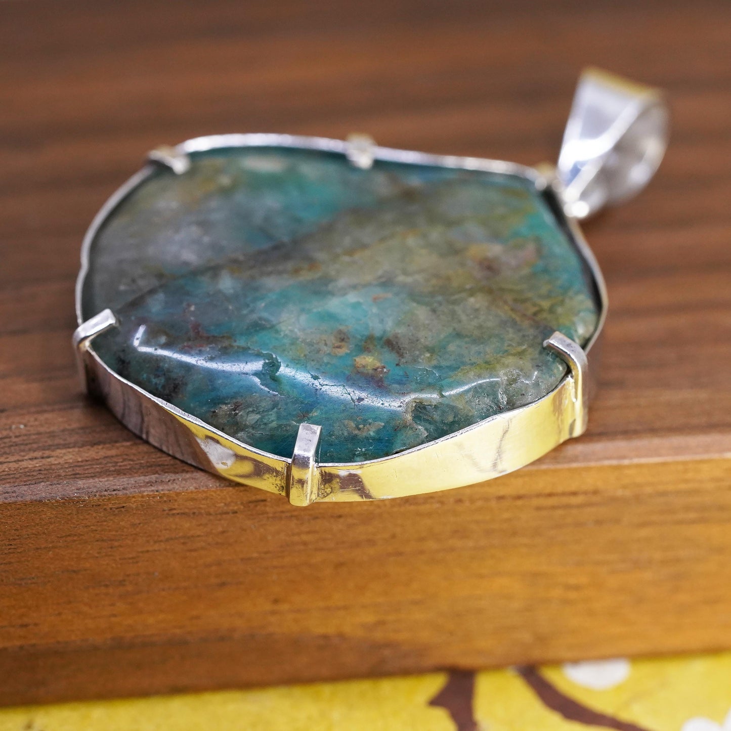 Vintage Sterling silver 925 handmade pendant with chrysocolla quartz