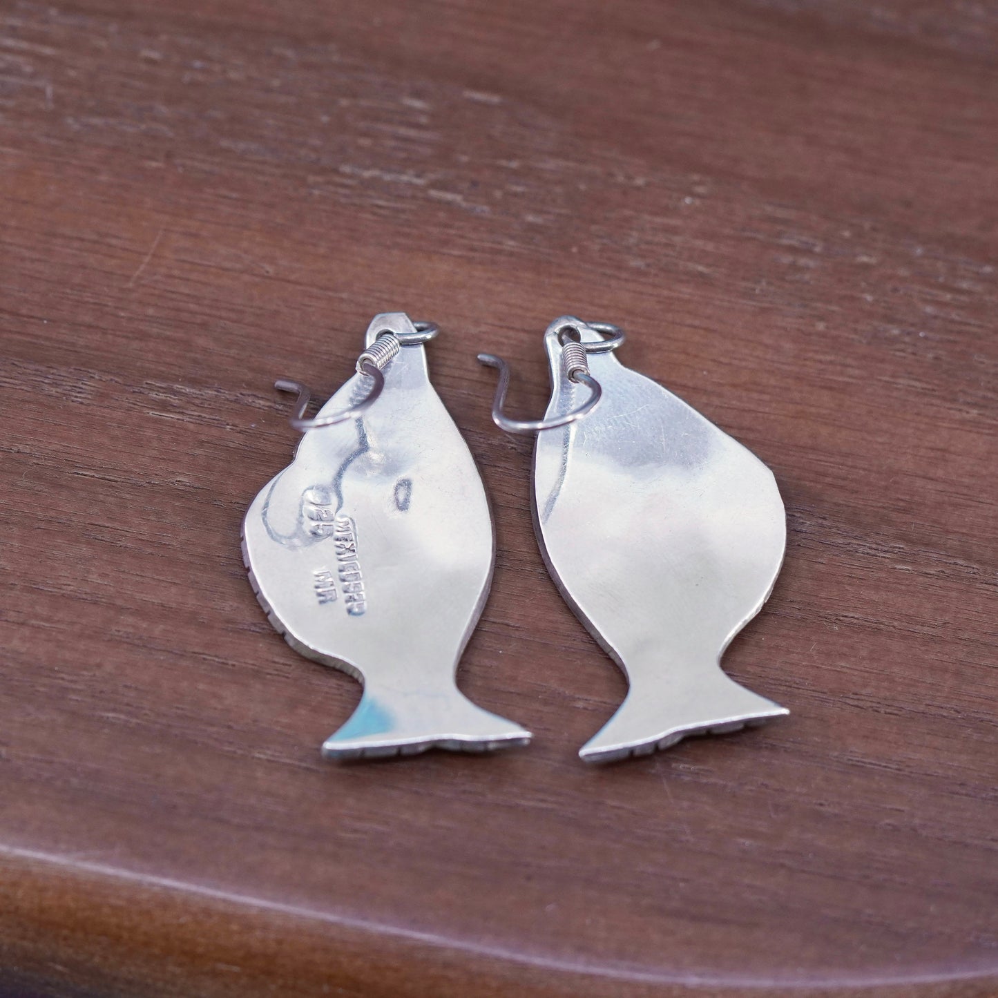 Vintage mexico Sterling silver handmade earrings, 925 fish with abalone inlay
