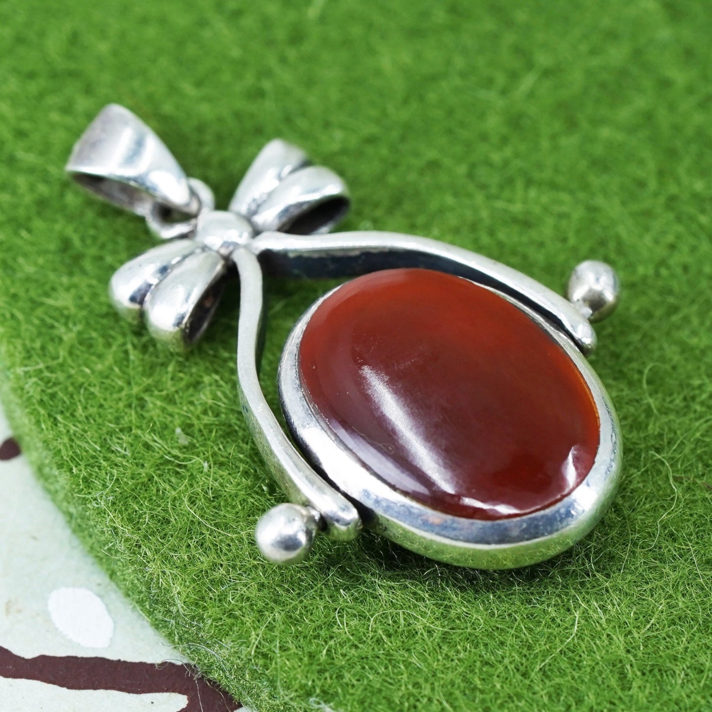 VTG Sterling 925 silver handmade double sided pendant with carnelian and jade