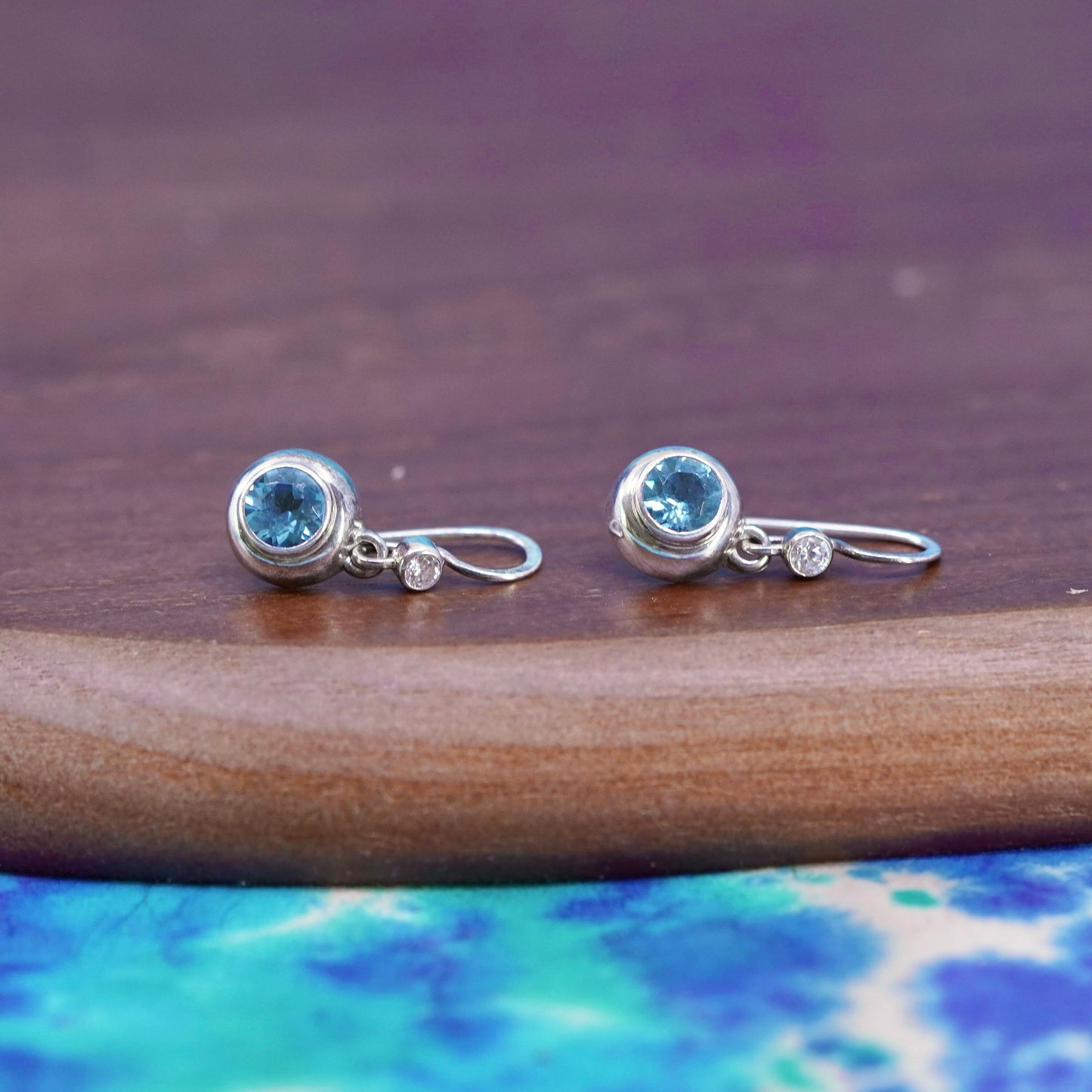 Vintage sterling 925 silver handmade round earrings with blue topaz