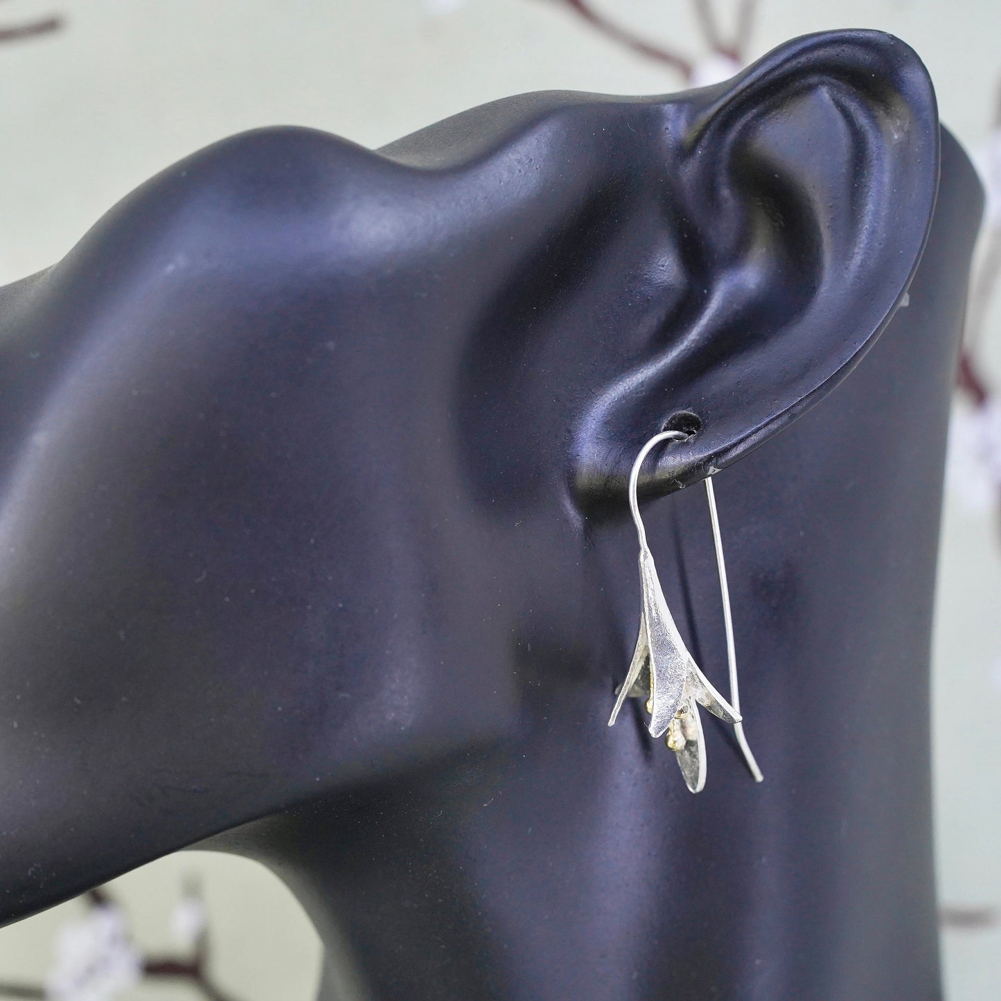 Vintage Sterling silver handmade earrings, Lily flower dangles