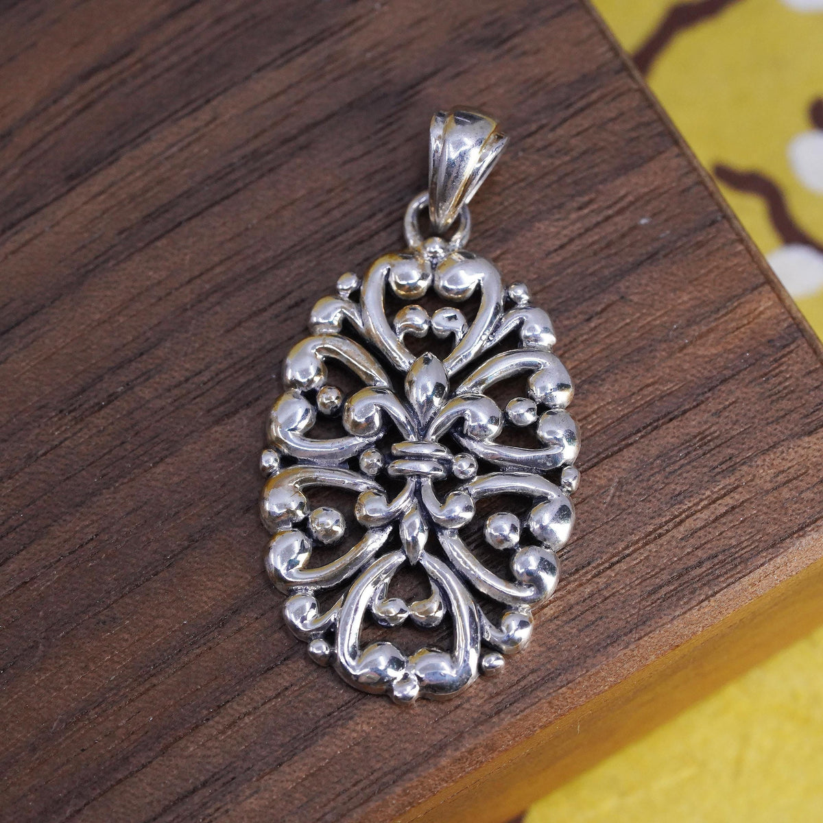 Sterling Silver 925 Filigree Ornate Fleur de Lis Scrollwork Pendant, Openwork