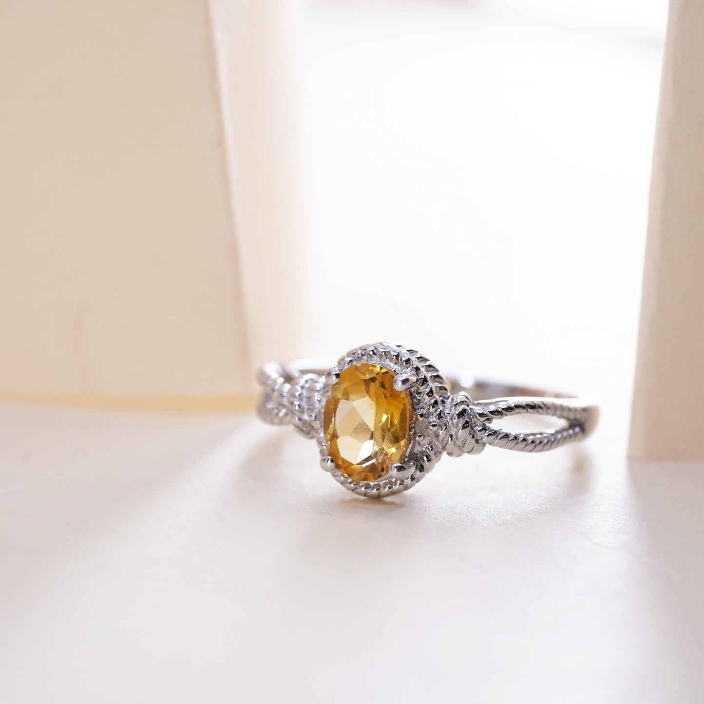Size 10, vintage Sterling silver ring, 925 silver cable band with oval citrine