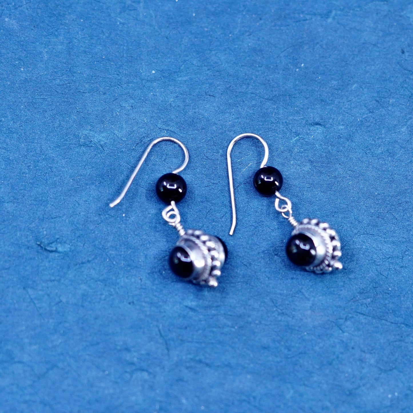 Vintage sterling 925 silver handmade earrings with round obsidian